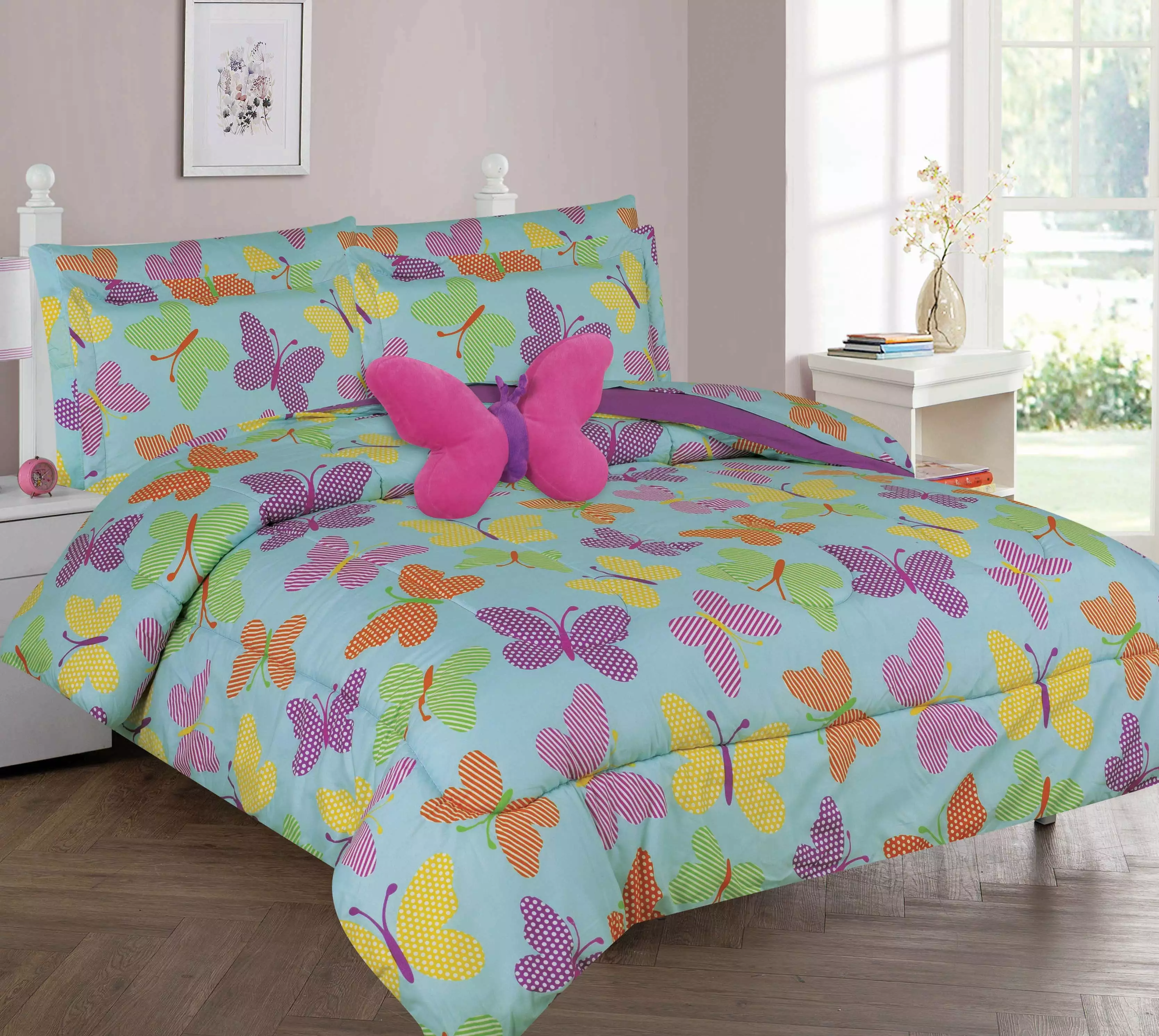 Golden Linens Twin Or Full 6 Pcs or 8 Pcs Comforter/ Coverlet / Bed in Bag Set with Toy (Full. Butterfly Turquoise)