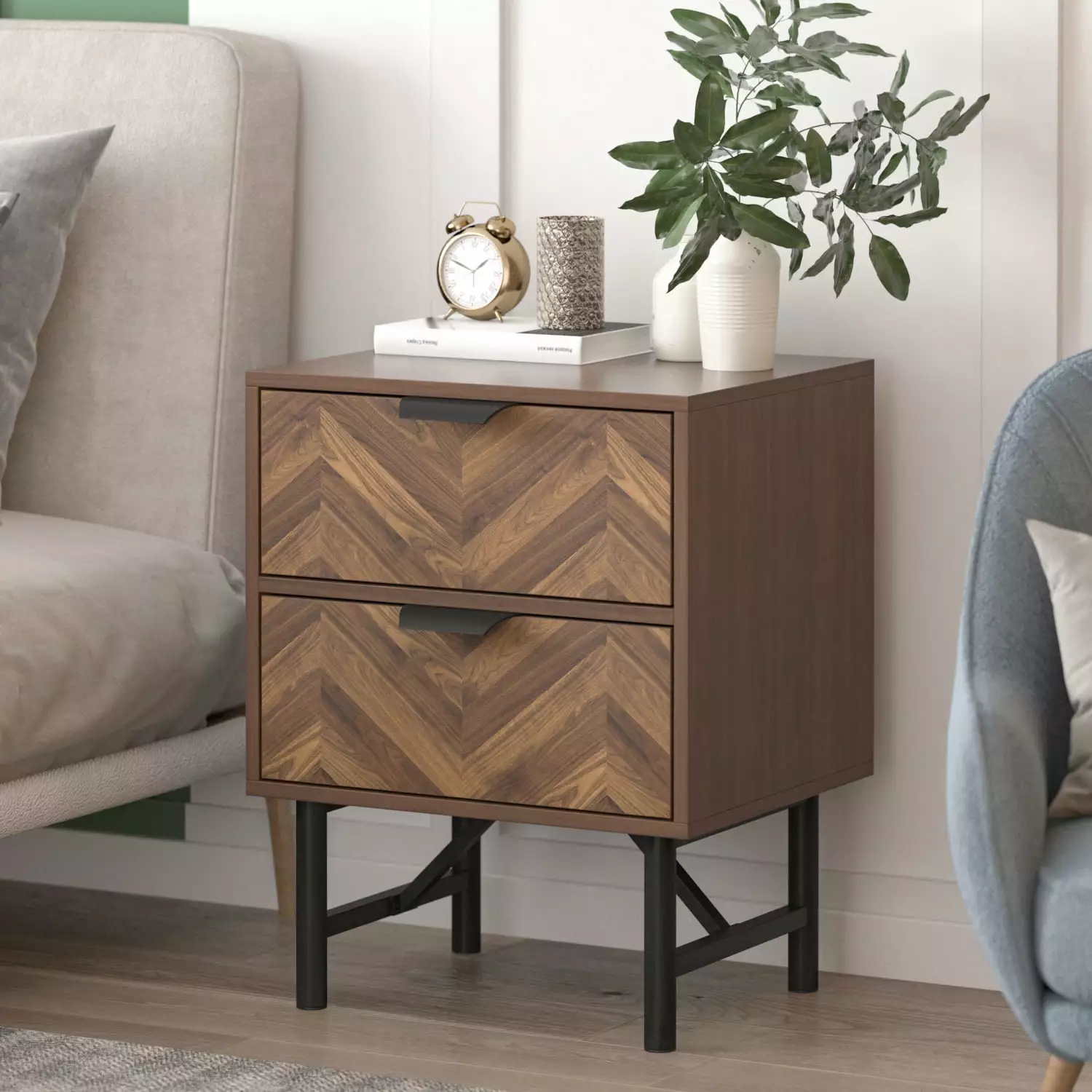 End Side Table Nightstand with Storage Drawer.Double Drawer Nightstand. Fashion Modern Assemble Storage Cabinet Bedside for Living Room Bedroom Furniture