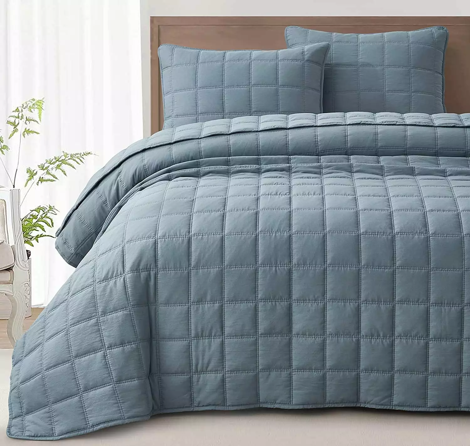 Chezmoi Collection Branson 3-Piece Dusty Blue Queen Size Quilt Set - Stone-Washed Detailed Square Stitch Soft Microfiber Lightweight Quilted Bedspread Coverlet Set for All Seasons