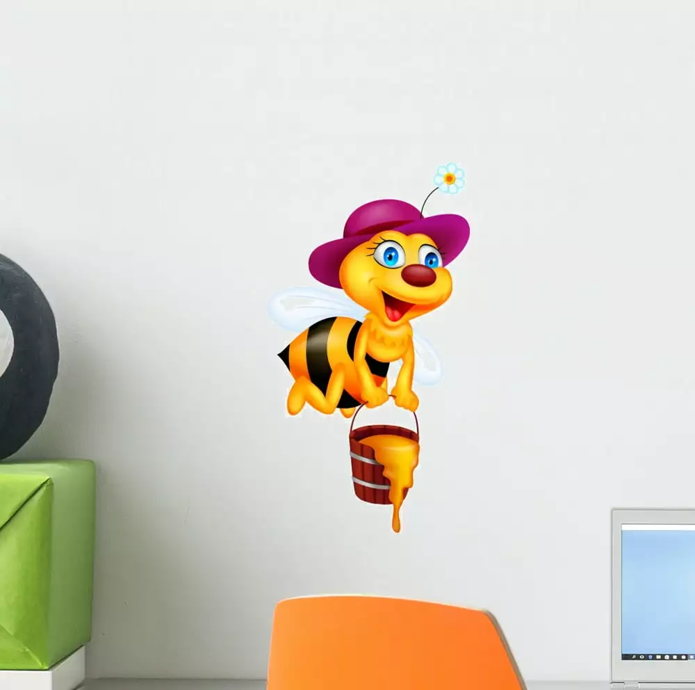 Bee Cartoon with Honey Wall Decal by Wallmonkeys Peel and Stick Graphic (12 in H x 7 in W) WM241452