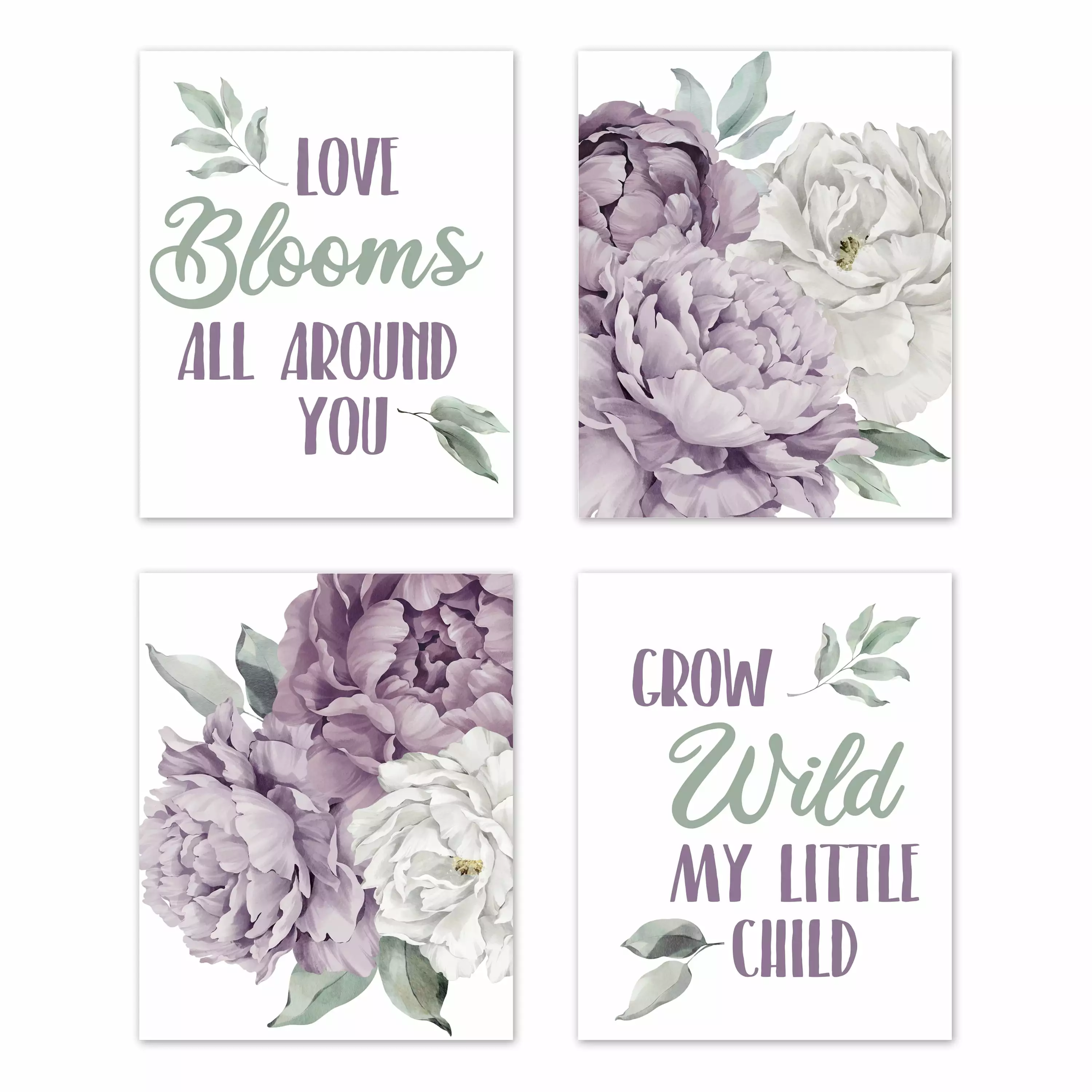 Peony Floral Garden Lavender Purple and Ivory Unframed Wall Art Print Set (Set of 4) Girl by Sweet Jojo Designs