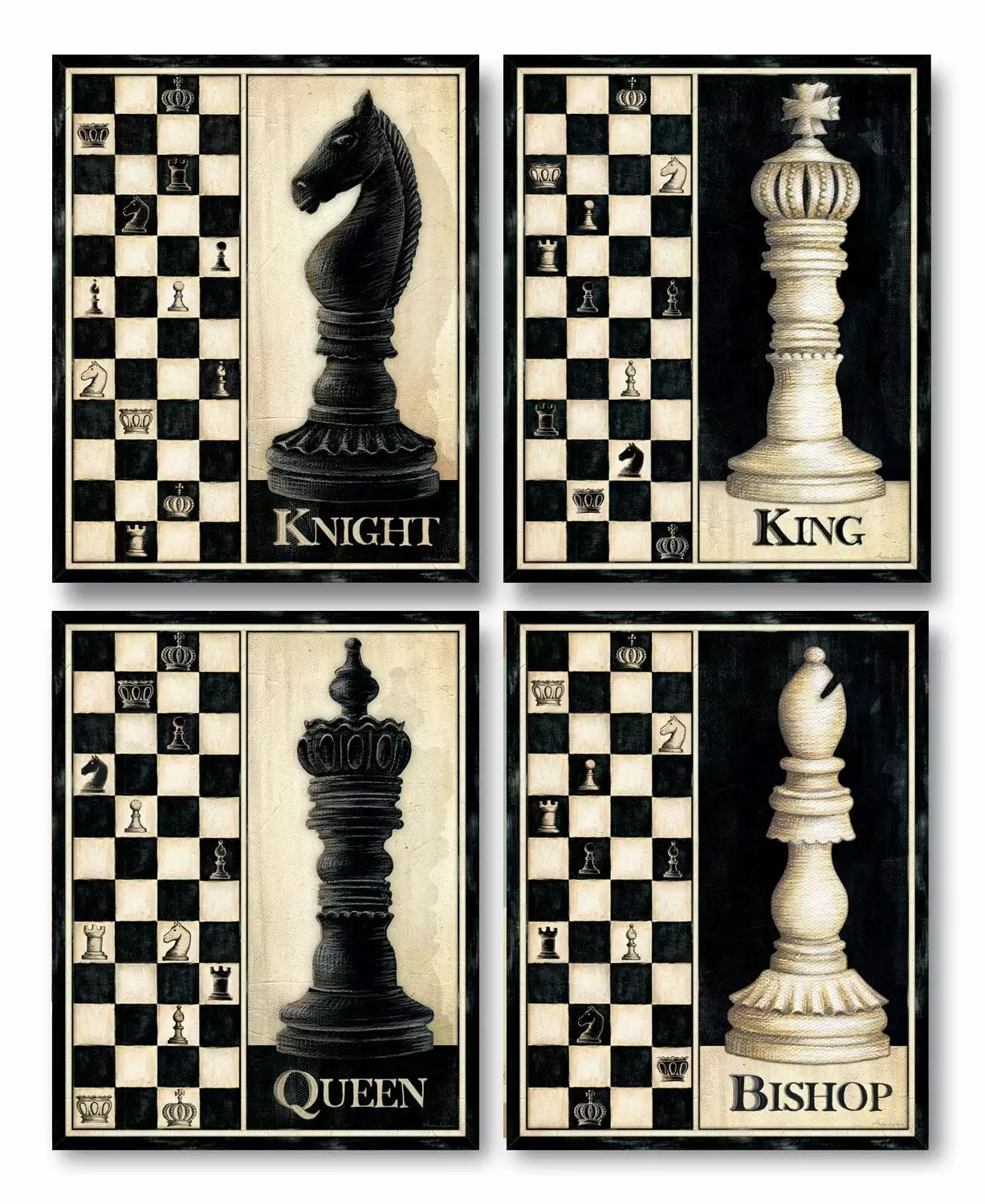 Classic Off-White and Black Chess Piece Adult Decor; 4- 11 x 14 Unframed Prints