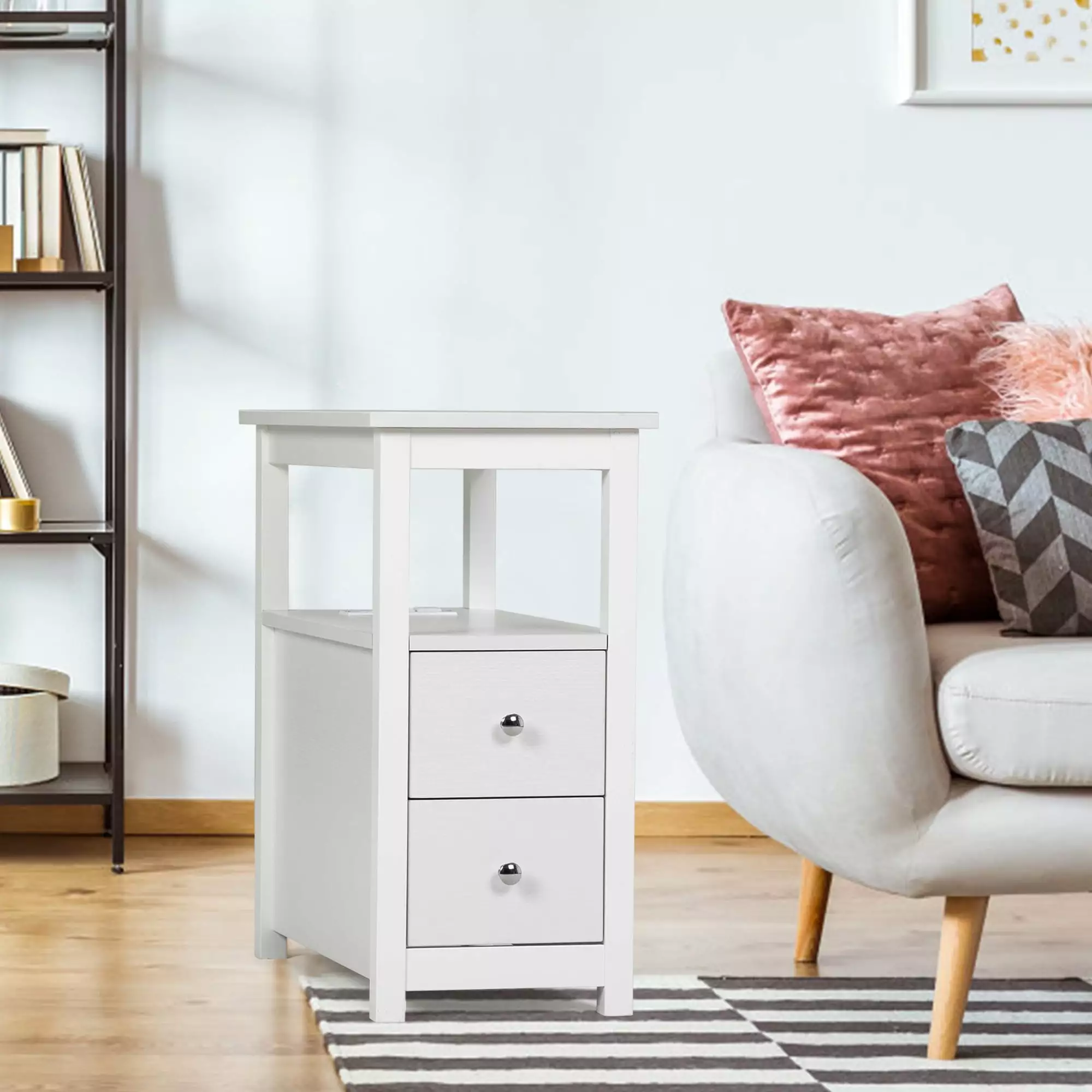 Night Stands for Bedrooms. White Wood Nightstand with Charging Station. Multifunctional Side Table with Storage Drawers. Solid Wood Legs. Modern End Table for Home. Office. Dormitory. Apartment. R1031