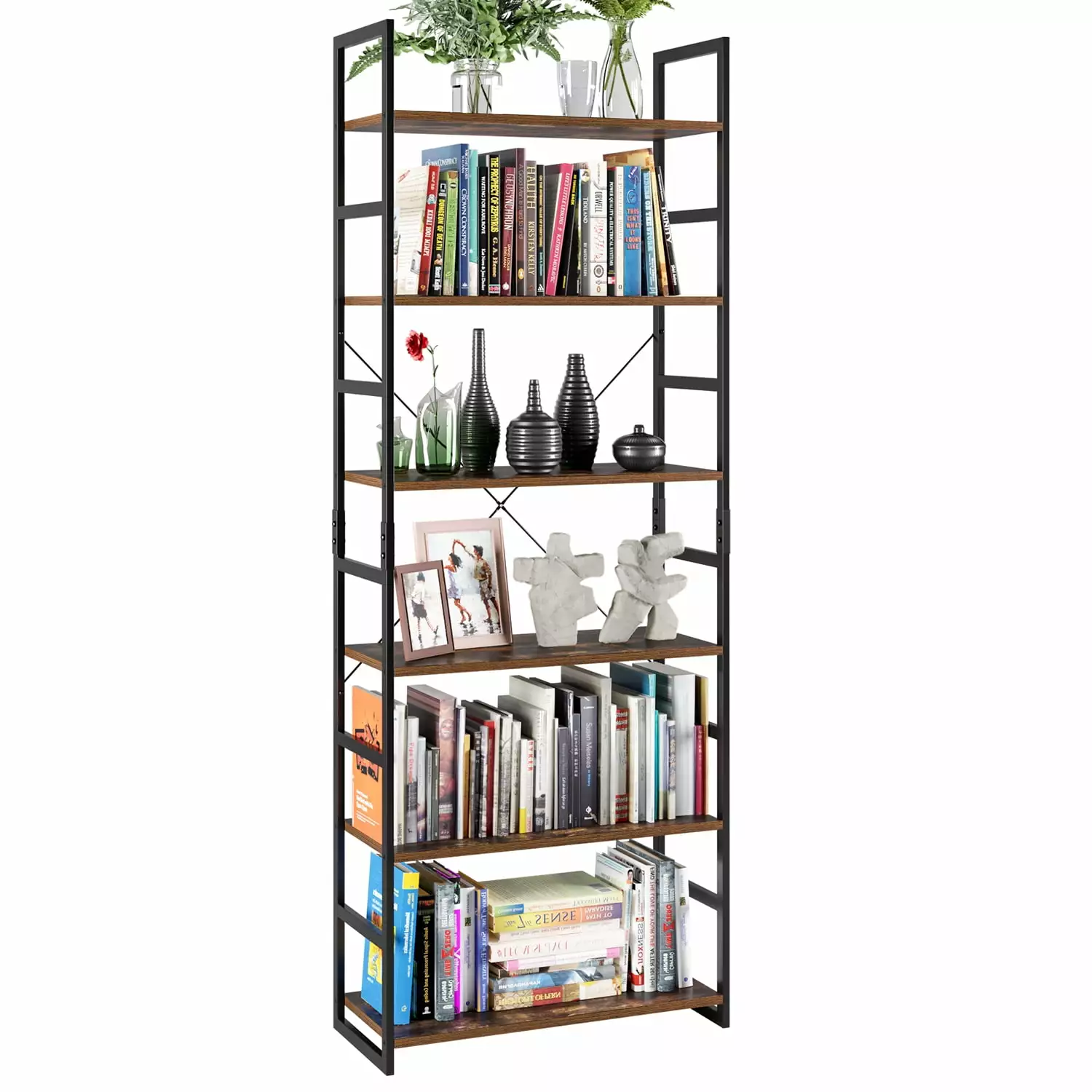 6-tier Bookcase. Tall Storage Rack. Wood Bookshelf with Metal Frame. Rustic Brown Finish