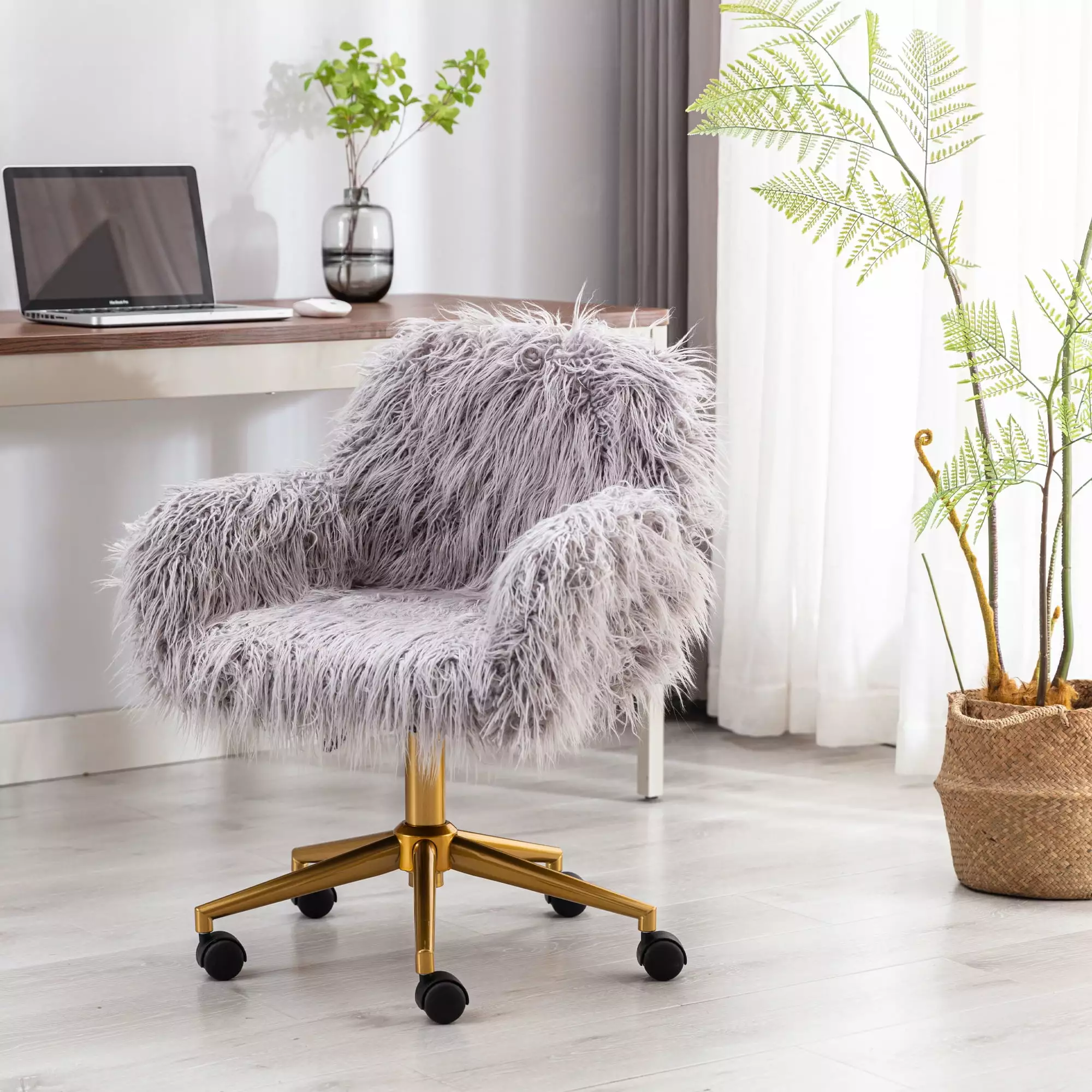 Private Jungle Modern Gray Faux fur home office chair. fluffy chair for girls. makeup vanity Chair with Gold Plating Base