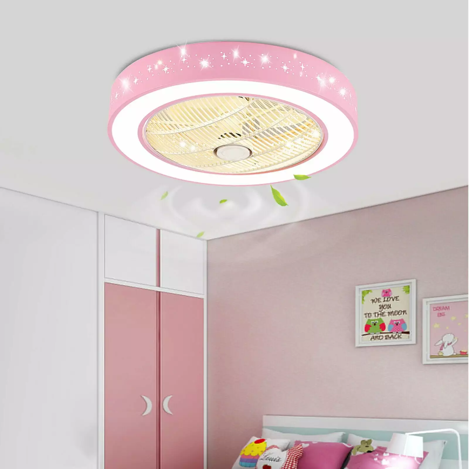 ANQIDI 21.6'' Ceiling Fan Light Modern LED Round Star Lamp 3 Speed 3 Colors with Remote Control Pink