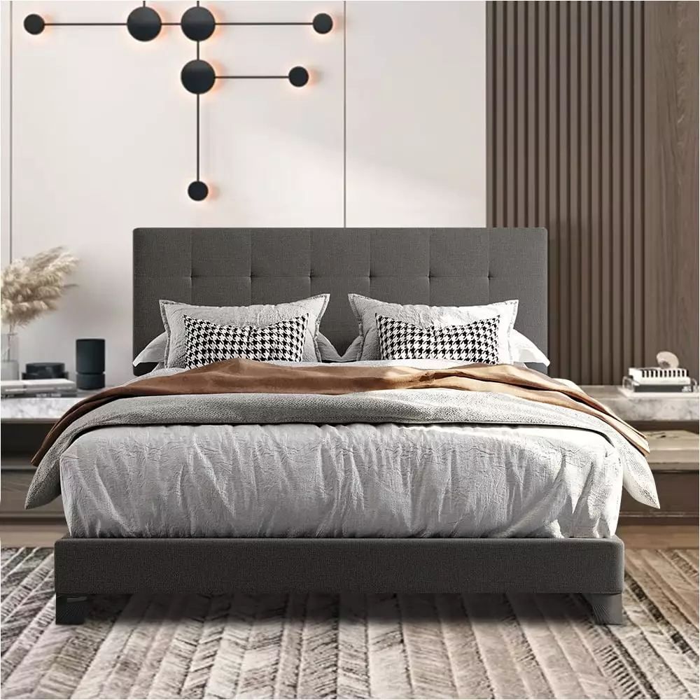 SESSLIFE Queen Upholstered Platform Bed Frame with Headboard. Box Spring Needed. Easy Assembly. Gray