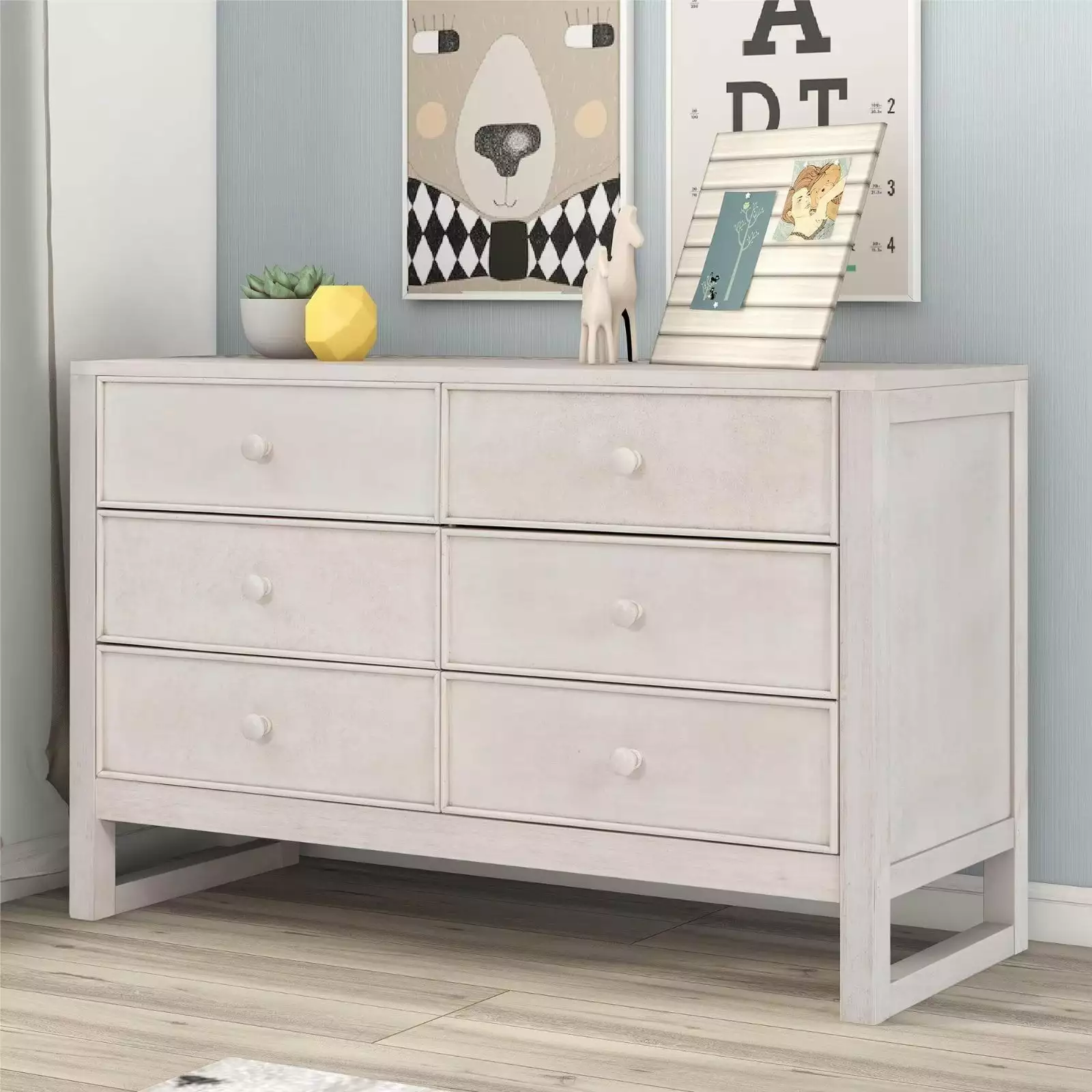 Retro Dresser with 6 Drawers and Round Handles. Wooden Multifunctional Storage Cabinets with Widetop for Living Room Bedroom. Easy Assembly. White