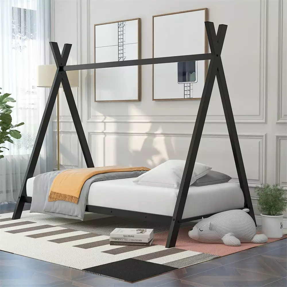 Twin Size Metal Montessori Bed Frame for Toddlers Girls and Boys. House Bed Tent Metal Bed Frame Floor Play Bed Frame with Slat Support. Low Platform Bed Frame Kids Bed. No Box Spring Needed. Black