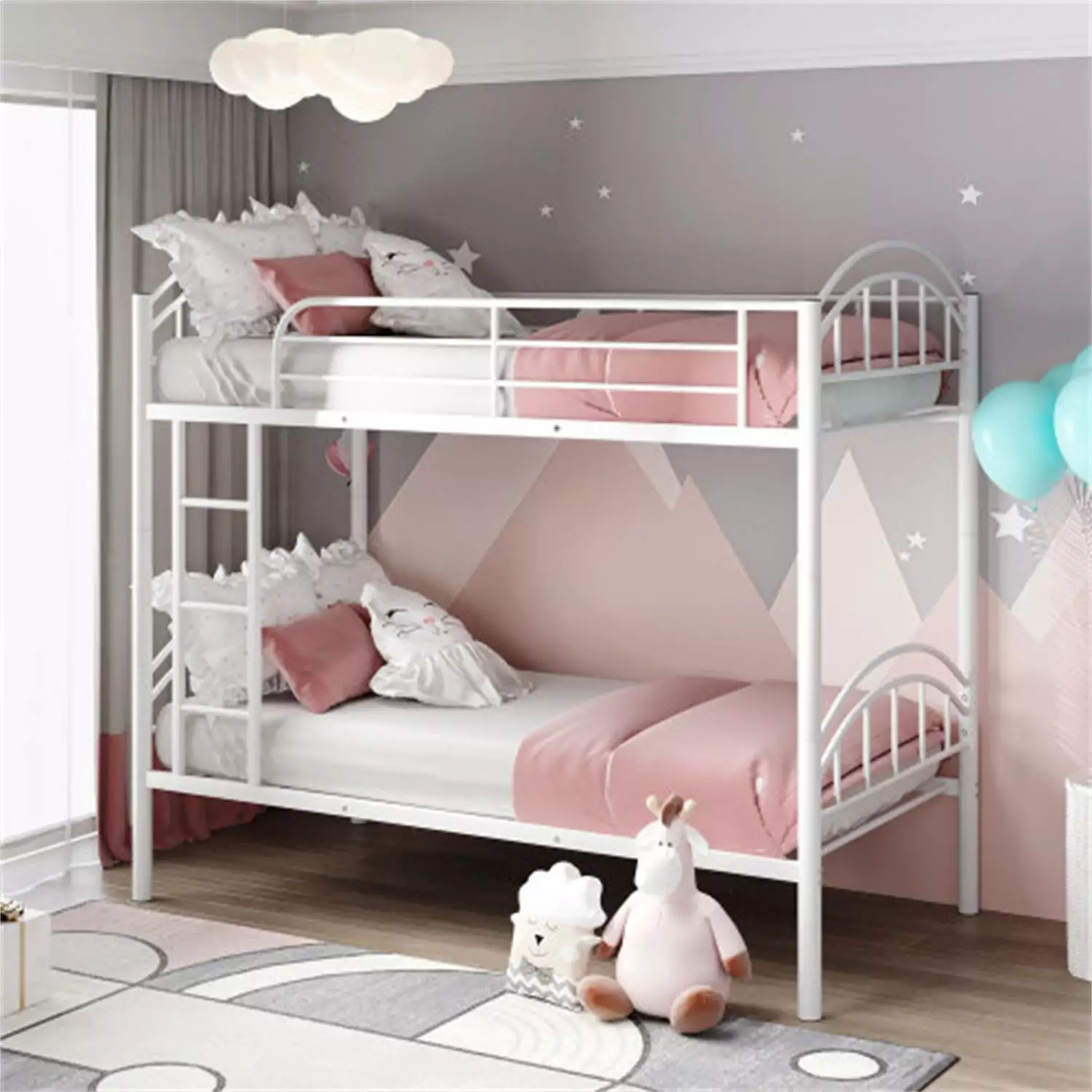 Bunk Bed.Twin Over Twin Metal Bed.Can Be Divided into 2 Beds. Equipped with Full-length Guardrail and Ladder. Suitable for Teens. Girls&Boys. White