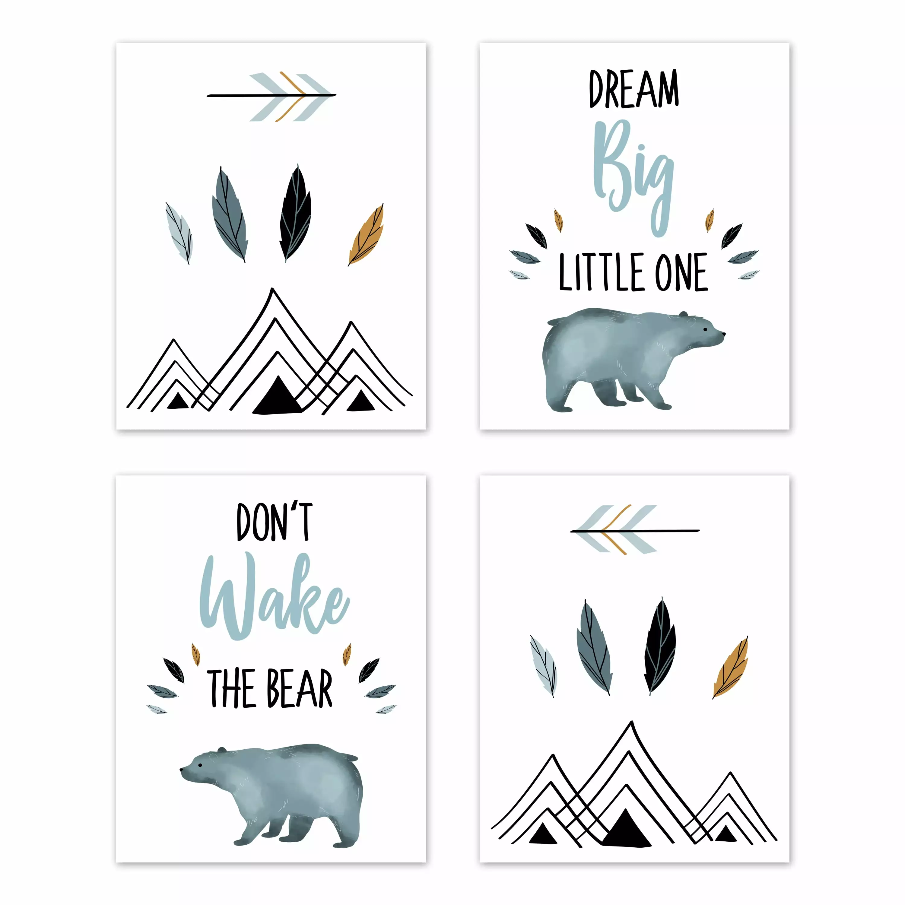 Sweet Jojo Designs Slate Blue and White Wall Art Prints Room Decor for Baby. Nursery. and Kids for Bear Mountain Watercolor Collection - Set of 4 - Dream Big. Don't Wake the Bear