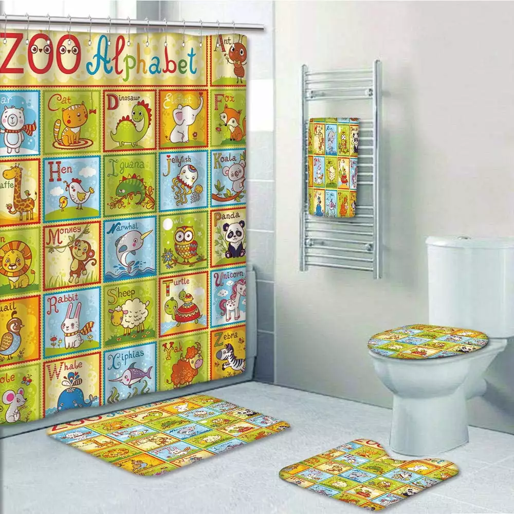 PRTAU Educational Zoo Alphabet Colorful Funny Cartoon Animals Children Kids School 5 Piece Bathroom Set Shower Curtain Bath Towel Bath Rug Contour Mat and Toilet Lid Cover