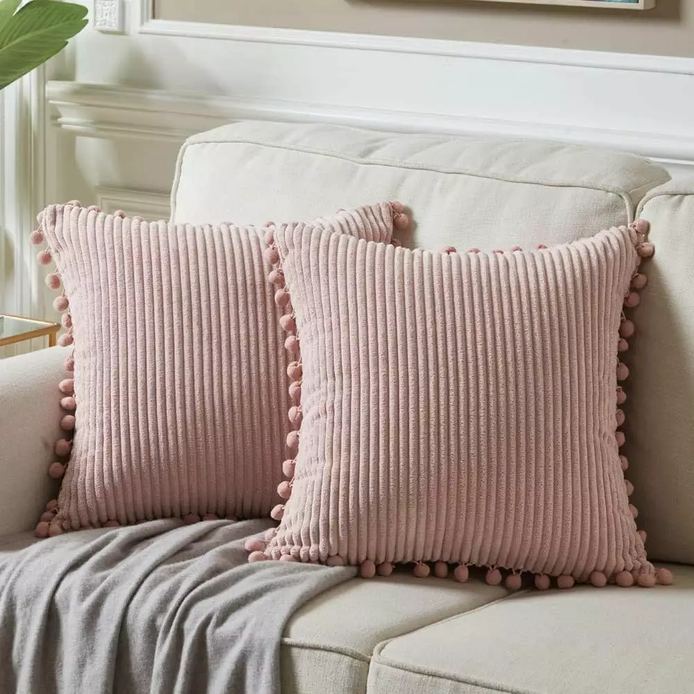 Pack of 2 Decorative Throw Pillow Covers with Pom-poms. Soft Corduroy Solid Square Cushion Case Pillow Cases Set for Couch Sofa Bedroom Car Living Room (18x18 Inch/45x45 cm. Blush Pink)