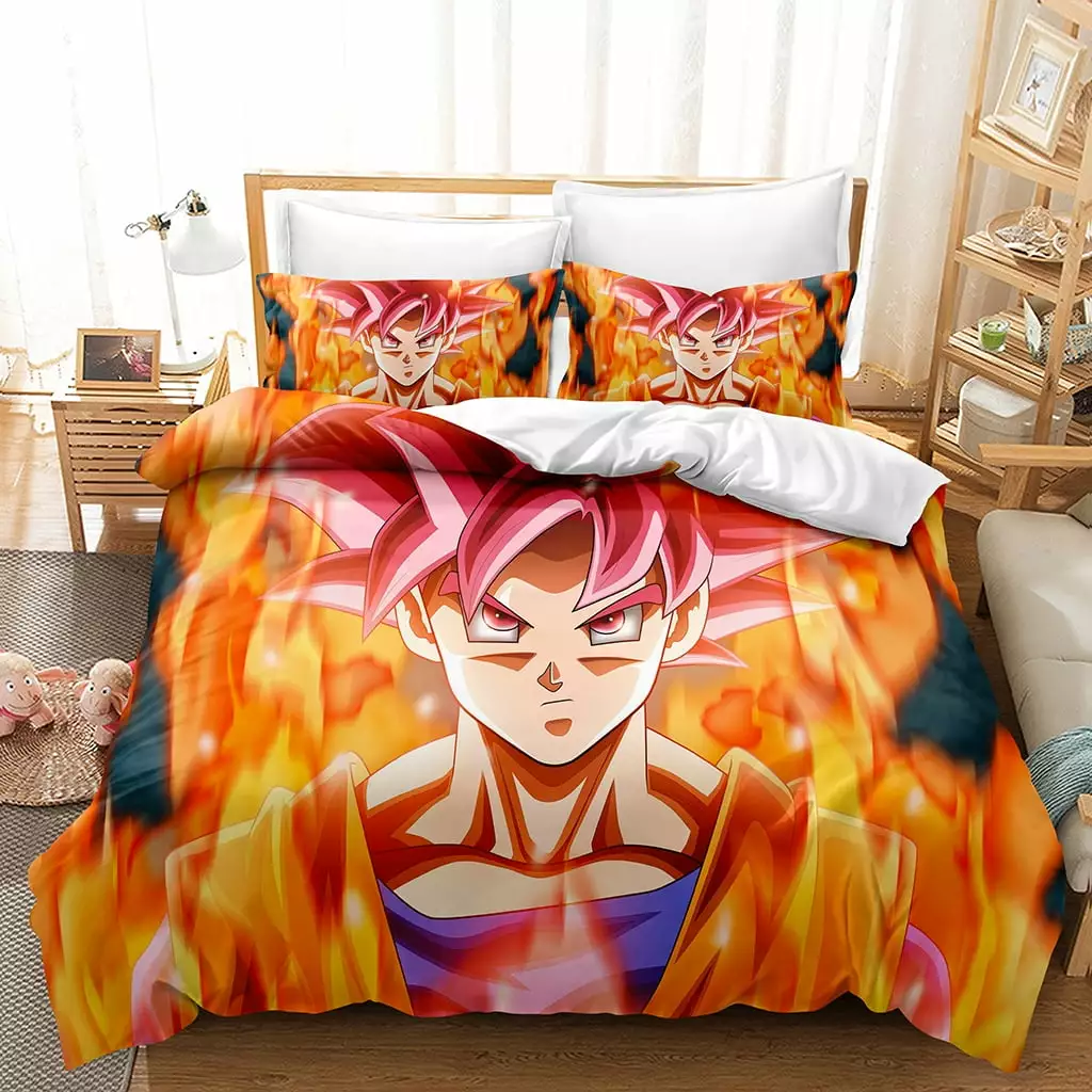 New 3PCS Anime Dragon Ball Bedding Bed Set Twin Full Queen King Size Cool Goku Saiyan Vegeta Action Figures Soft Microfiber Duvet Cover 2 Pillow Case 3D Japanese Manga Duvet Cover Sets