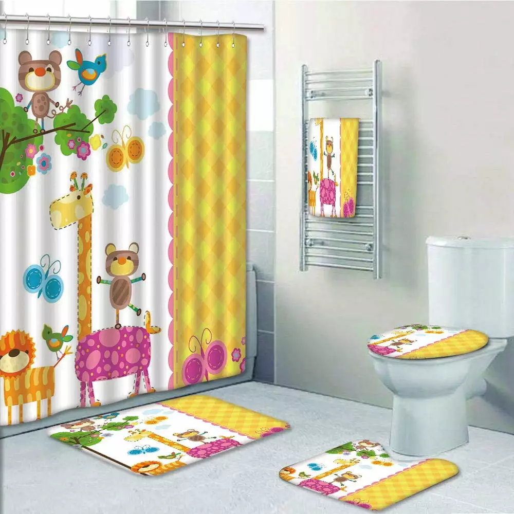 PRTAU Nursery Baby Kids Butterflies Trees Animals Blossoms Checkered Ornament 5 Piece Bathroom Set Shower Curtain Bath Towel Bath Rug Contour Mat and Toilet Lid Cover