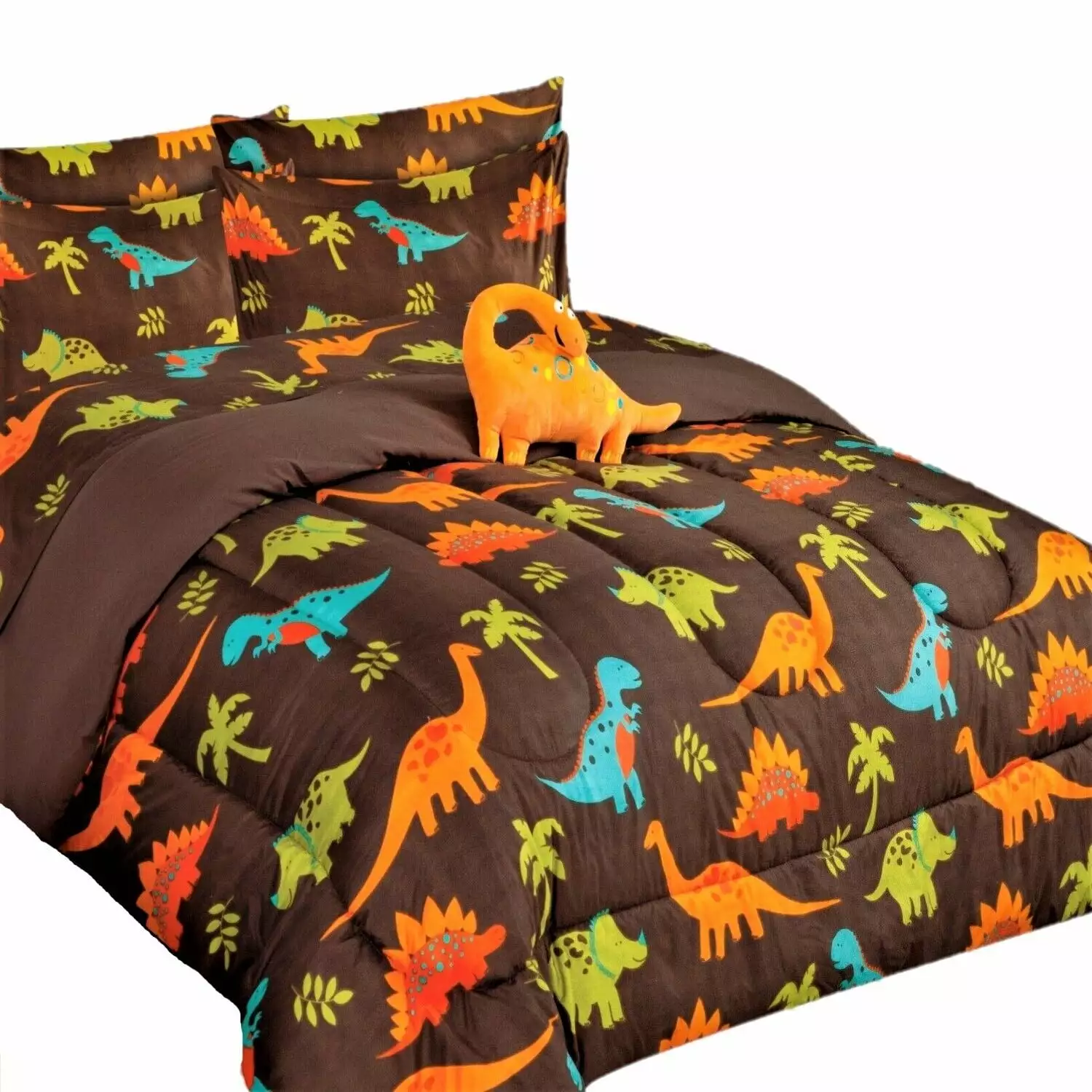 Kids bedding TWIN size comforter with matching sheet set and pillow plush toy super soft easy wash girl boy bed d??cor dinosaur brown print design