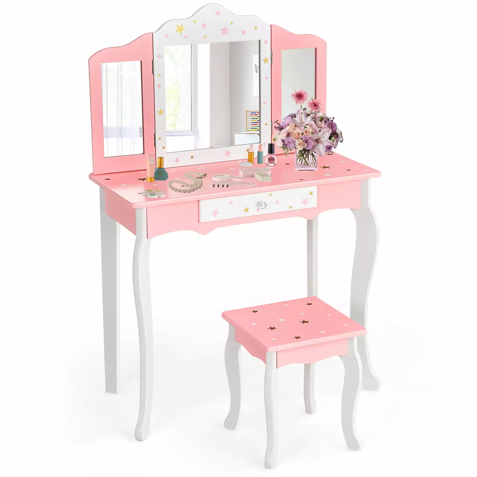 Coelon Kids Vanity Table & Chair Set. Princess Makeup Dressing Table w/ 360?? Rotating Tri-fold Mirror White