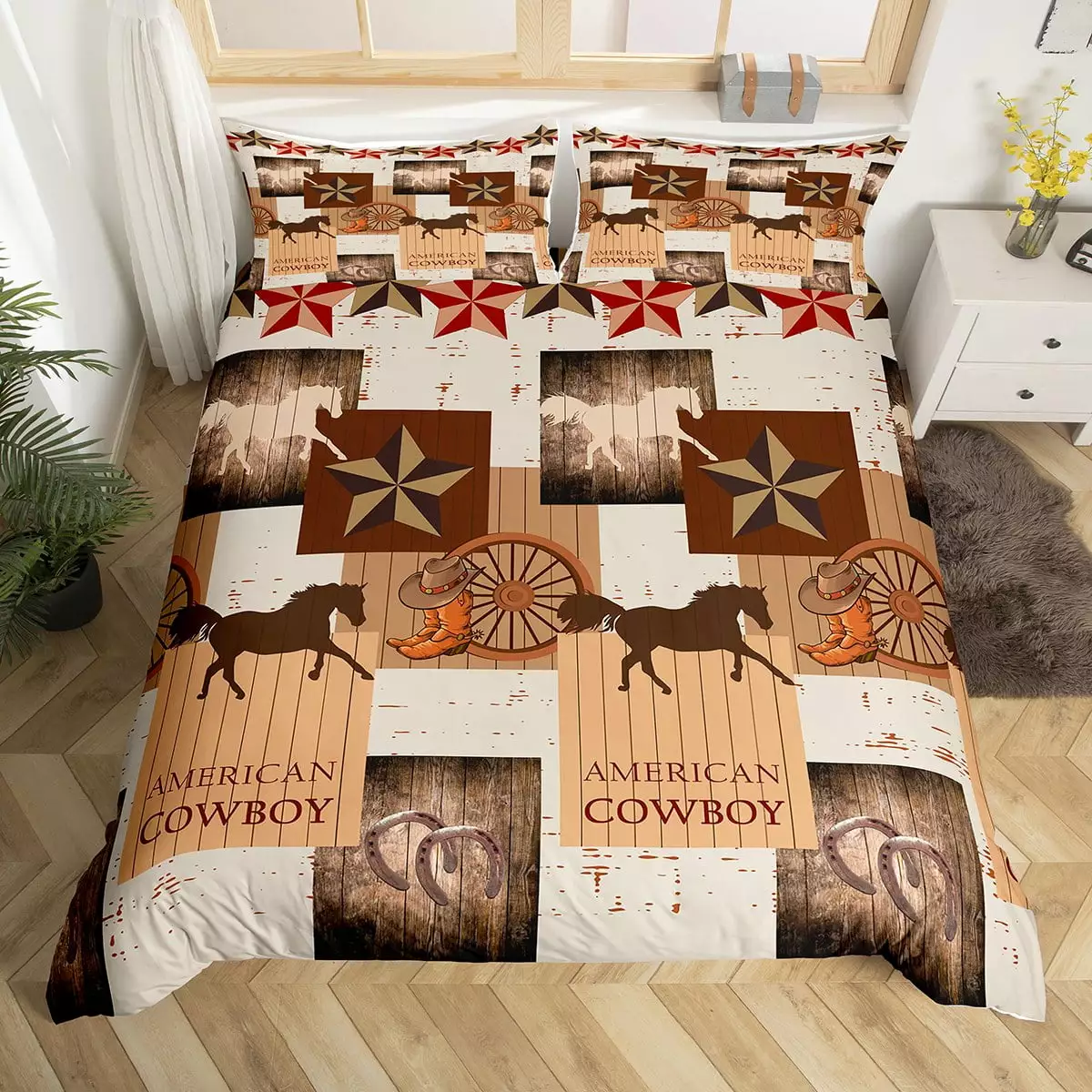 Texas Western Duvet Cover Twin.Stars Cowboys Horse Boots Hat Bedding Sets For Boys Men Rustic Farmhouse Retro Horseshoe Decor Comforter Cover Wild West Country Brown Bed Set Zipper 1 Pillow Case