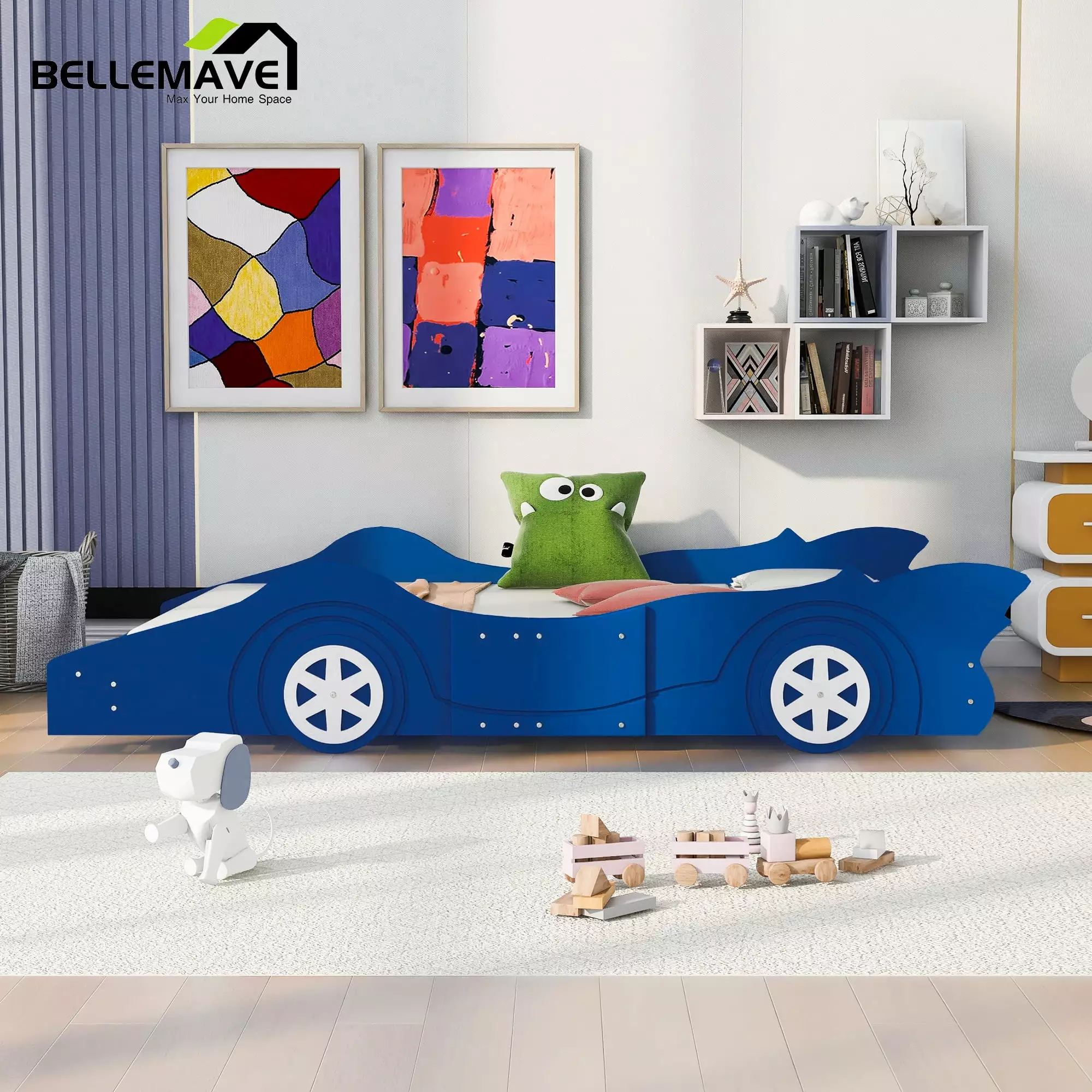 Bellemave Blue Race Car-shaped Full Size Kids Platform Bed with Wheels for Gilrs Boys. Full Size Wood Frame Platform Bed Frame with Car Shape for Kids Child