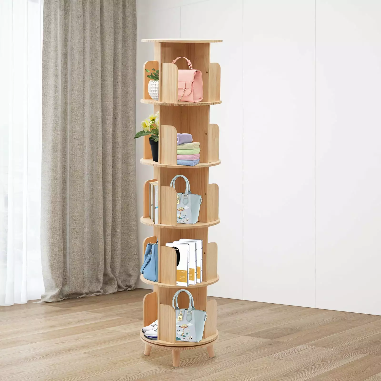 Miumaeov Miumaeov Rotating Wood Bookshelf with Curved Baffle. 360 Display Floor Standing Bookcase Storage Rack for Kids Adults Multifunctional Bookshelf Organizer (5 Tiers)