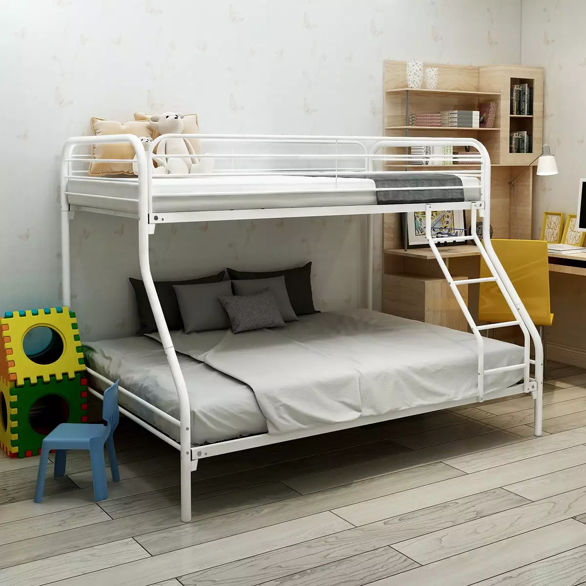 uhomepro Bunk Bed Twin Over Full. Sturdy Metal Bunk Beds Twin Over Full Size. Heavy Duty Bunk Beds for Kids. Bed Frame with Flat Ladder. Metal Support Slat. Safety Guardrail. 78Lx56Wx58H. White