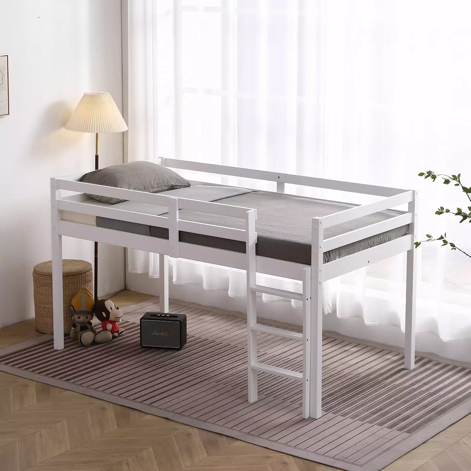 SalonMore Wood Low Loft Bed. Twin Size Bed for Kids Space Saving Bed Frame. White