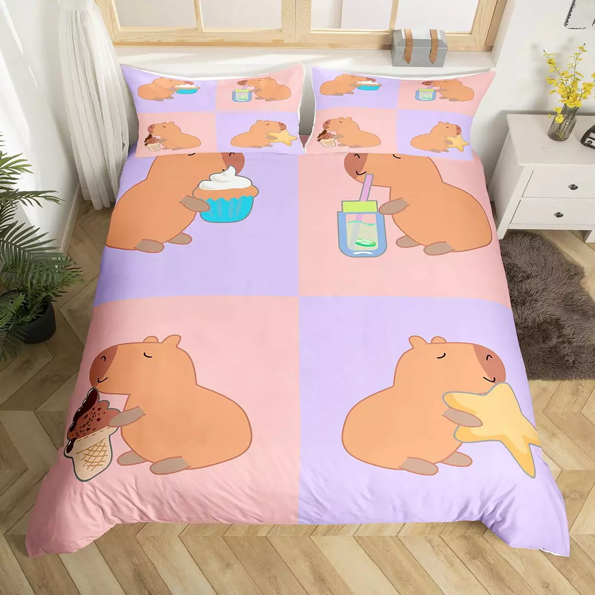 Cartoon Bedding Sets for Girls Cute Capybaras Twin Duvet Cover for Kids Teens Boys Funny Rodent Animals Comforter Cover Kawaii Doodle Style Quilt Cover Pink Purple Decor Sweet Room Decor 2 Pieces