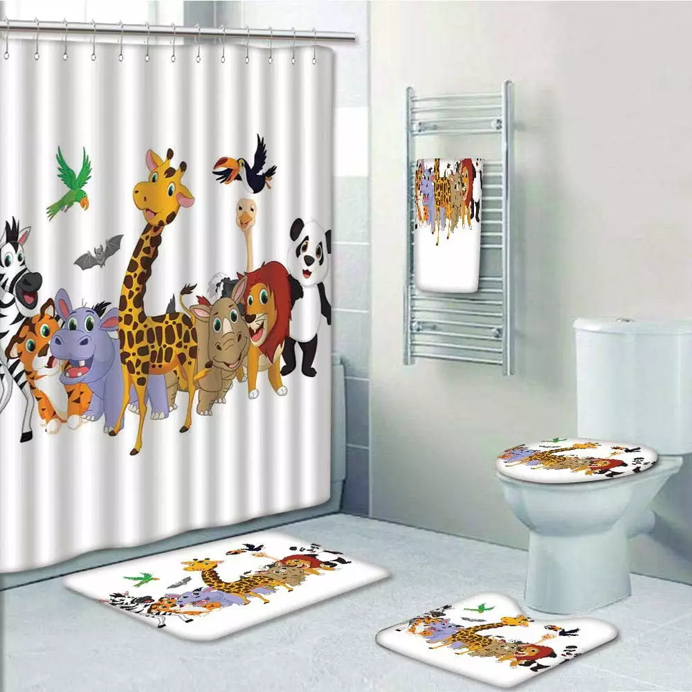 PRTAU Kids Colorful Jungle Animals Hippo Bat Parrot Giraffe Zebra Rhino Panda African Safari 5 Piece Bathroom Set Shower Curtain Bath Towel Bath Rug Contour Mat and Toilet Lid Cover