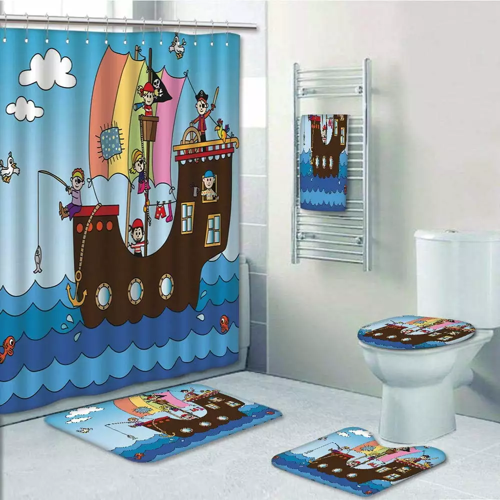 PRTAU Pirate Kids Pirate Ship with Funny Children Adventure Ocean Journey Waves Birds Clouds 5 Piece Bathroom Set Shower Curtain Bath Towel Bath Rug Contour Mat and Toilet Lid Cover