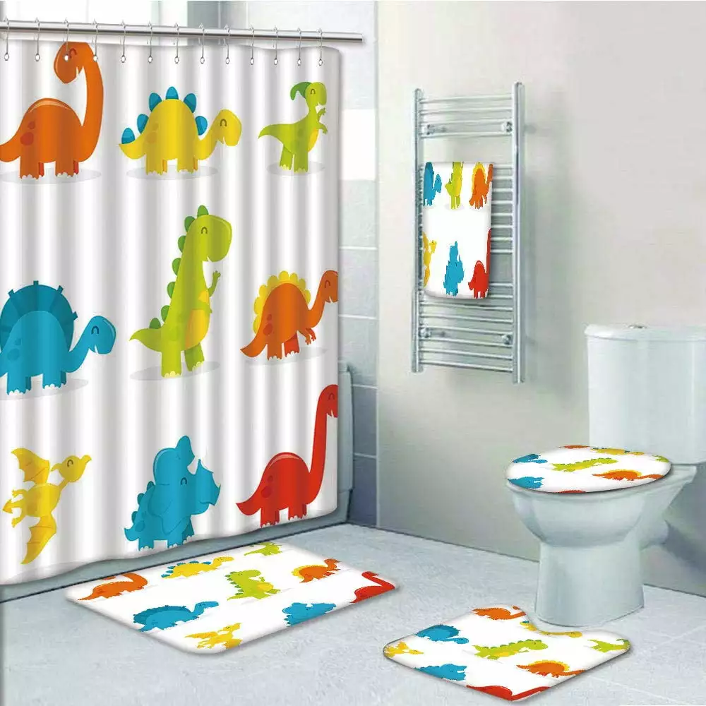 PRTAU Dinosaur Cute Funny Dinosaurs Set Cartoon Colorful Collection Kids Nursery 5 Piece Bathroom Set Shower Curtain Bath Towel Bath Rug Contour Mat and Toilet Lid Cover