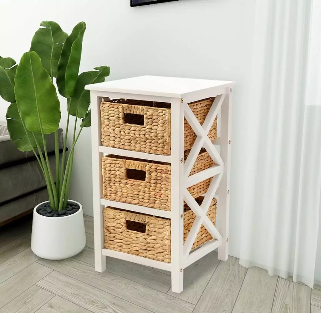 eHemco 3 Tier x-Side End Table Side Table Storage Cabinet with 3 Natural Water Hyacinth Wicker Baskets. White