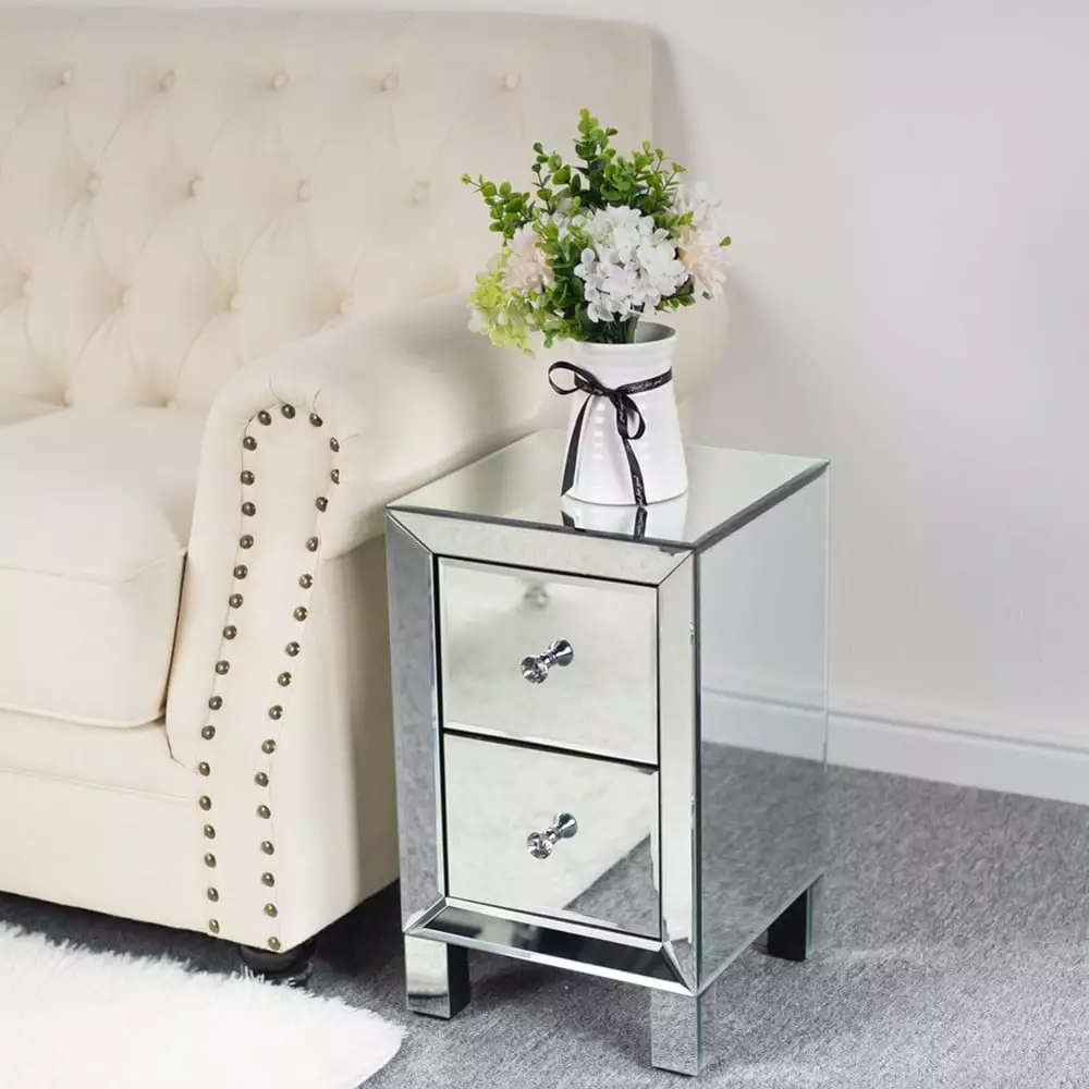 Zimtown Mirrored Nightstand.End Table with 2-Drawers.Mirror Accent Silver Table