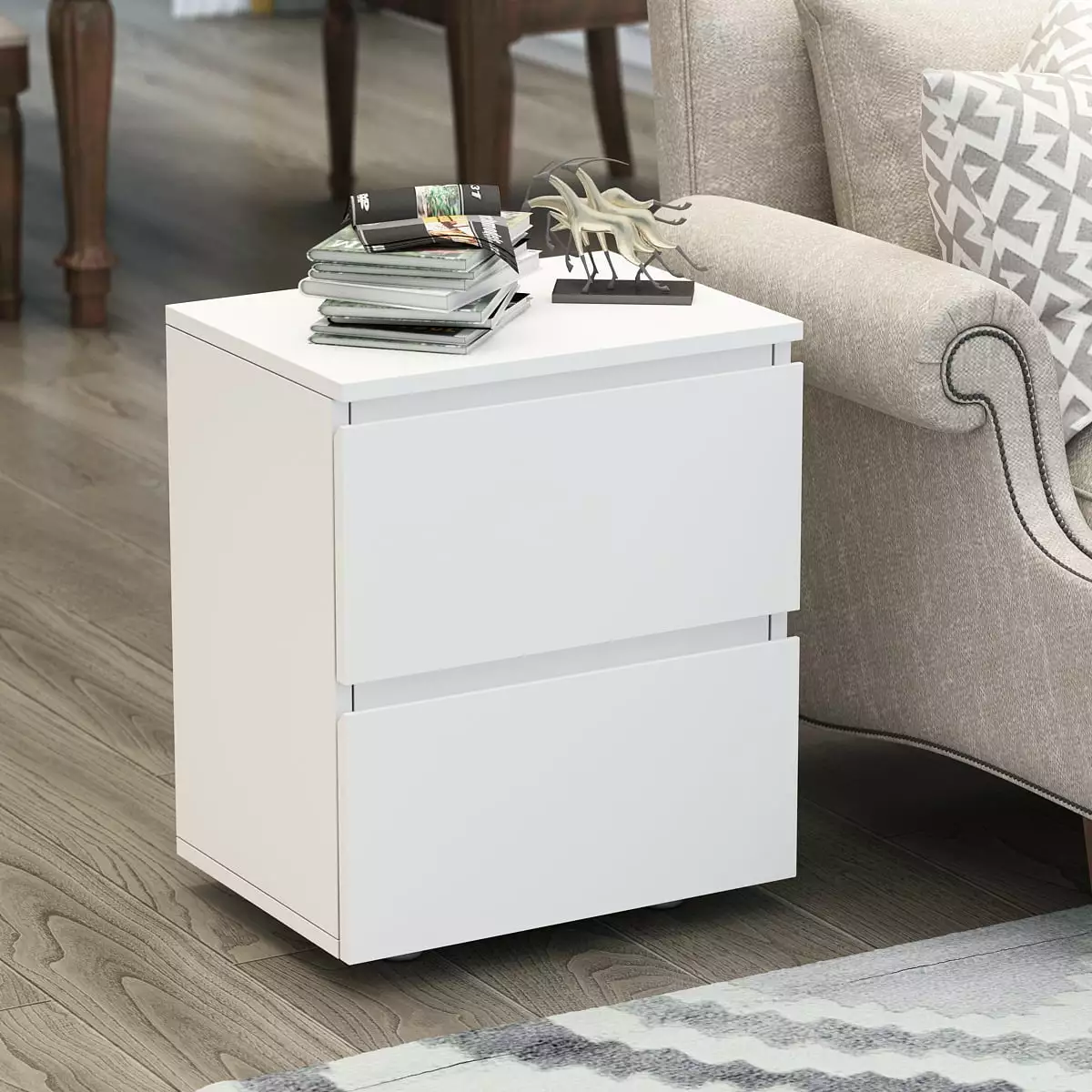 Elegent Wood Nightstands with Drawers. Side Table for Small Spaces. File Cabinet Storage Compartment. Bedside Table for Living Room Bedroom Home Furniture. White