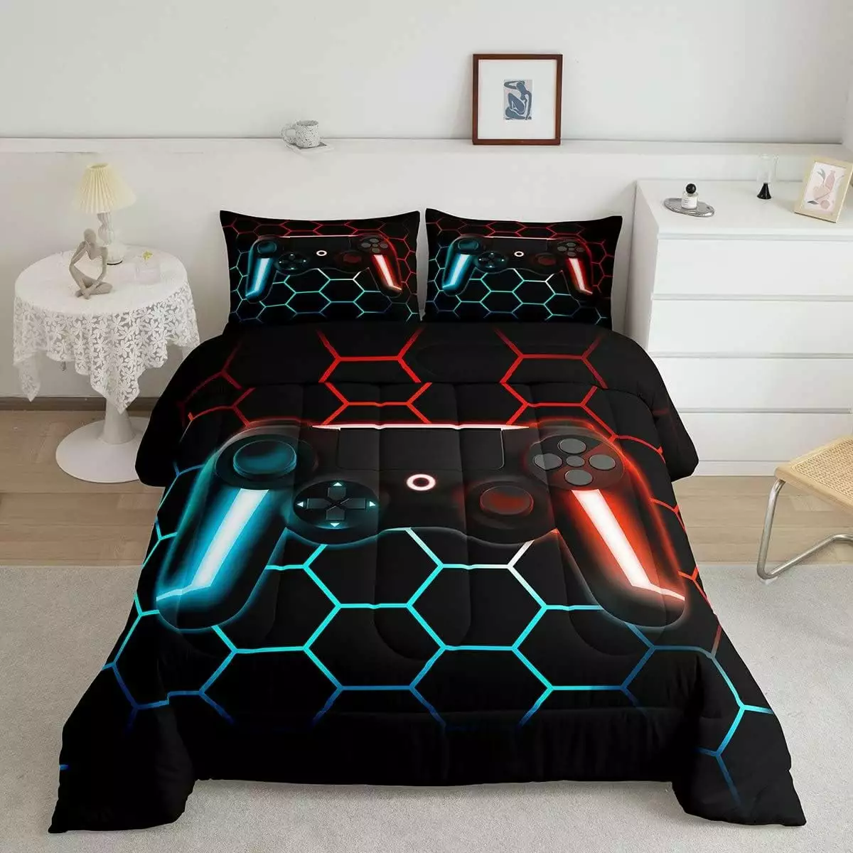 YST Game Comforter Sets for Boys Gamer Bedding Sets for Boys Twin Lightweight.Teens Modern Gradient Gaming Down Comforter Gamer Home Decor Goemetric Honeycomb Quilted Duvet + 1 Pillowcase