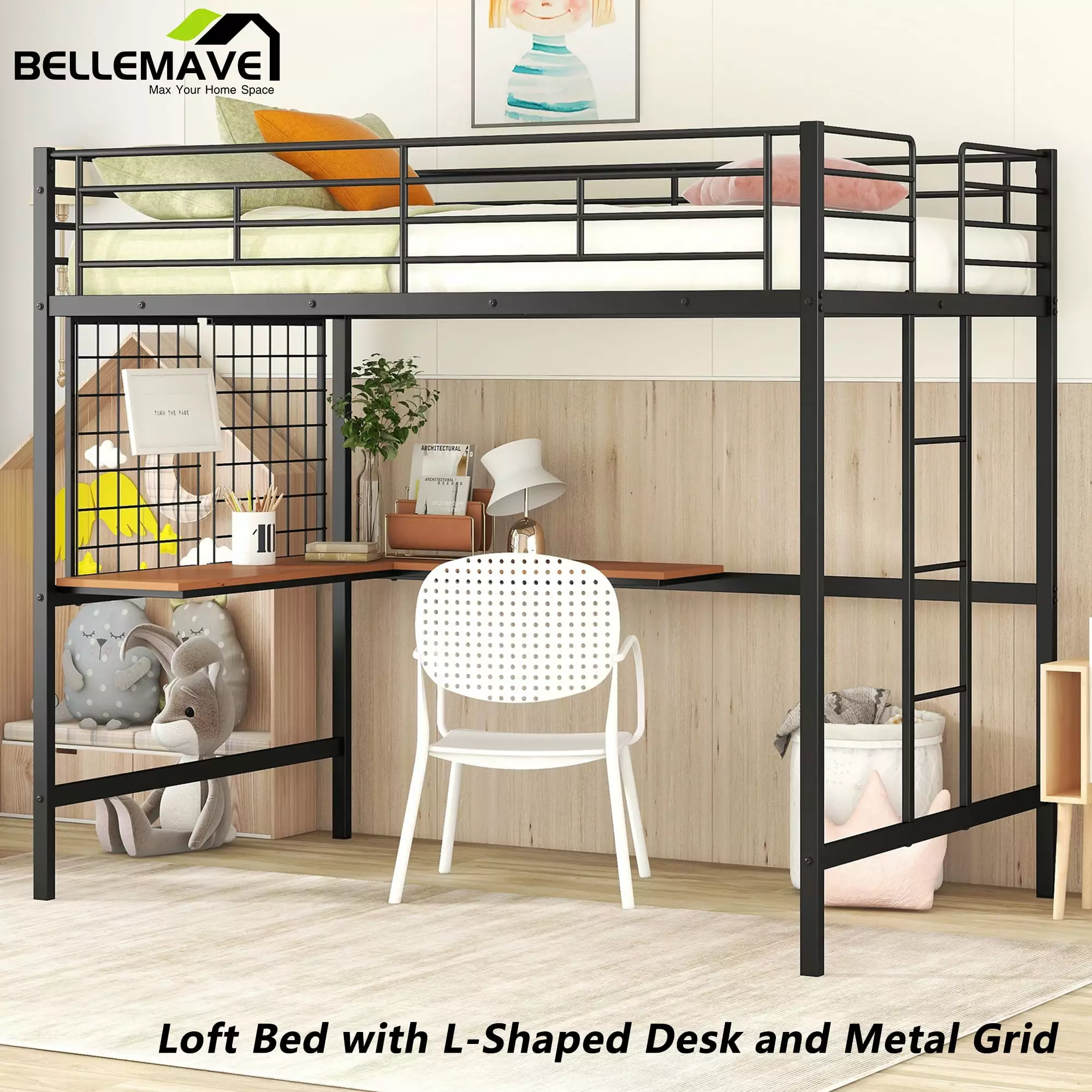 BELLEMAVE Metal Loft Bed with Desk and Metal Grid. Full Size Loft Bed with Build In Ladder and Guardrail. Full Loft Bed for Kids. Teens. No Box Spring Needed(Black)