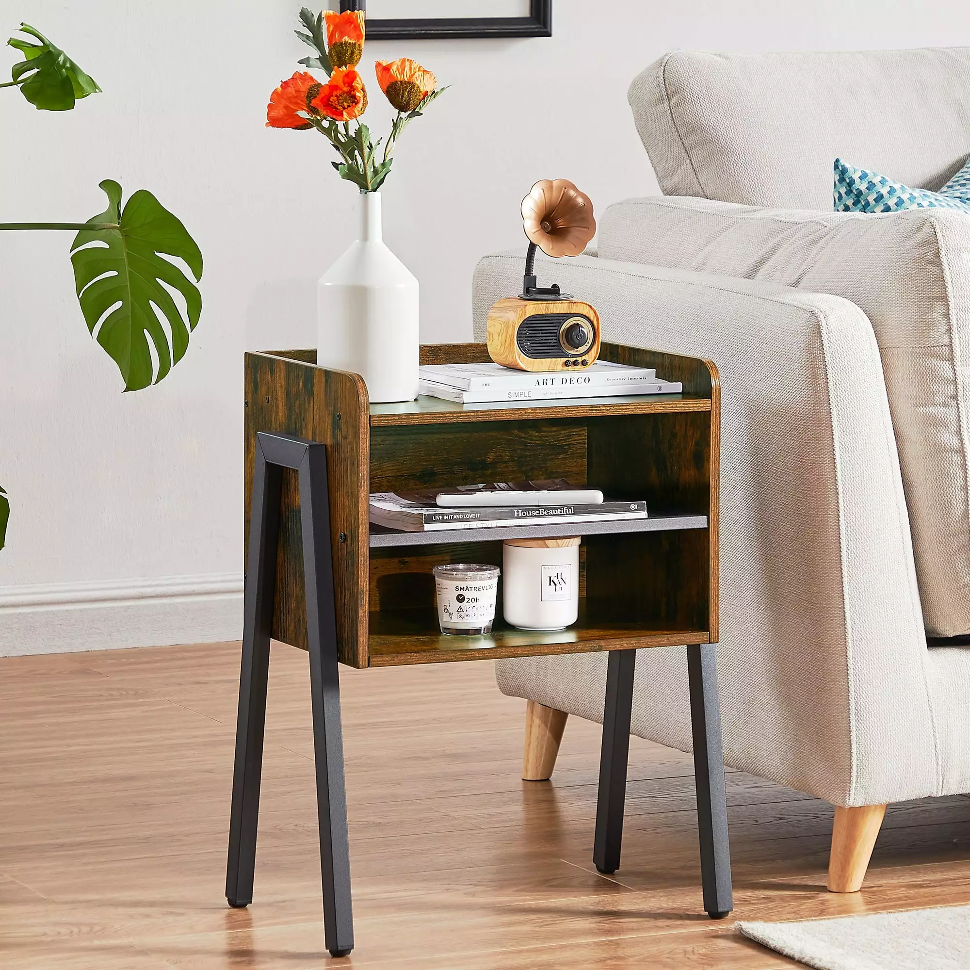 VECELO Side End Table Stackable Bedside Stand with 2-tier Open Storage for Bedroom. Living Room and Small Spaces. Brown