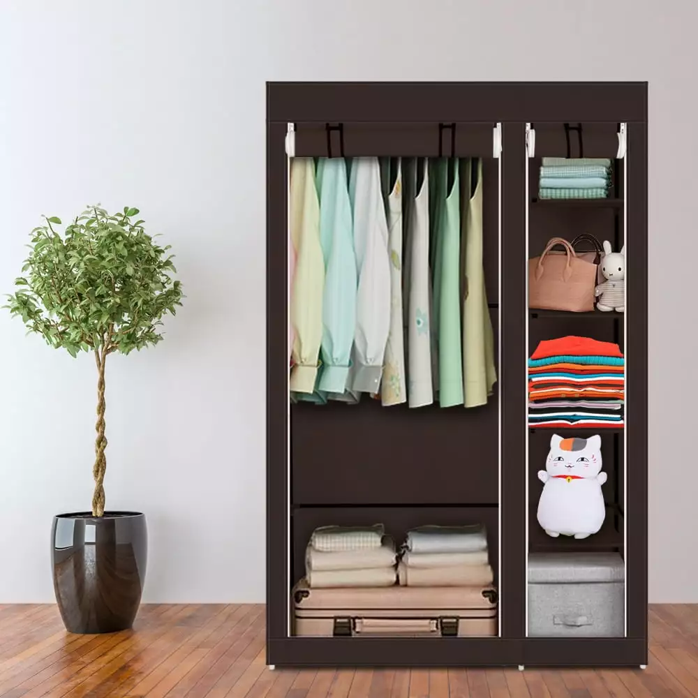 UBesGoo Portable Clothes Closet Non-woven Fabric Wardrobe Double Rod Storage Organizer. Brown