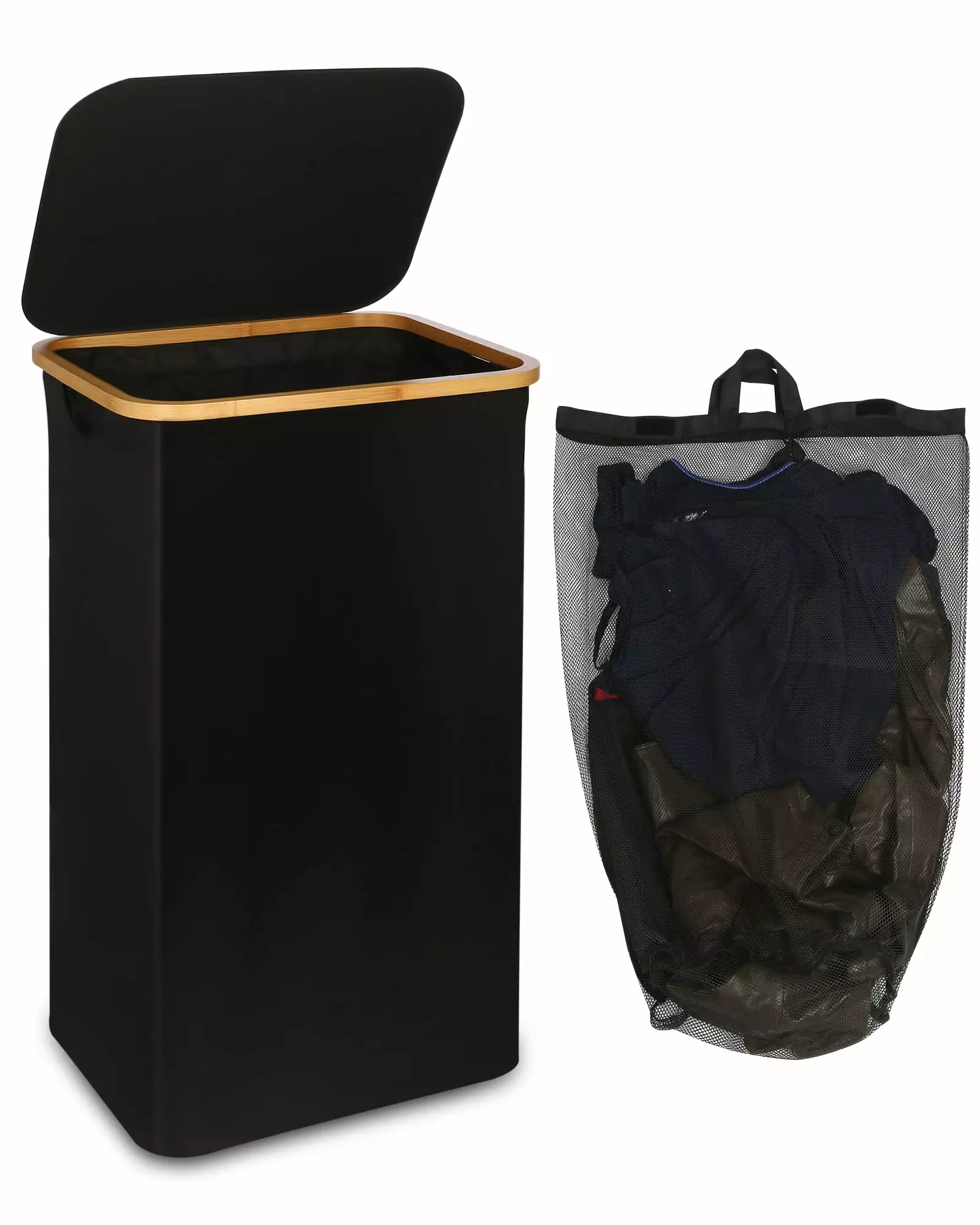 EFLUKY Large Laundry Basket with Lid. 100L Tall Laundry Basket with Bamboo Handles for Clothes and Toys. Freestanding Collapsible Laundry Hamper with Inner Bag for Bedroom and Bathroom. Black