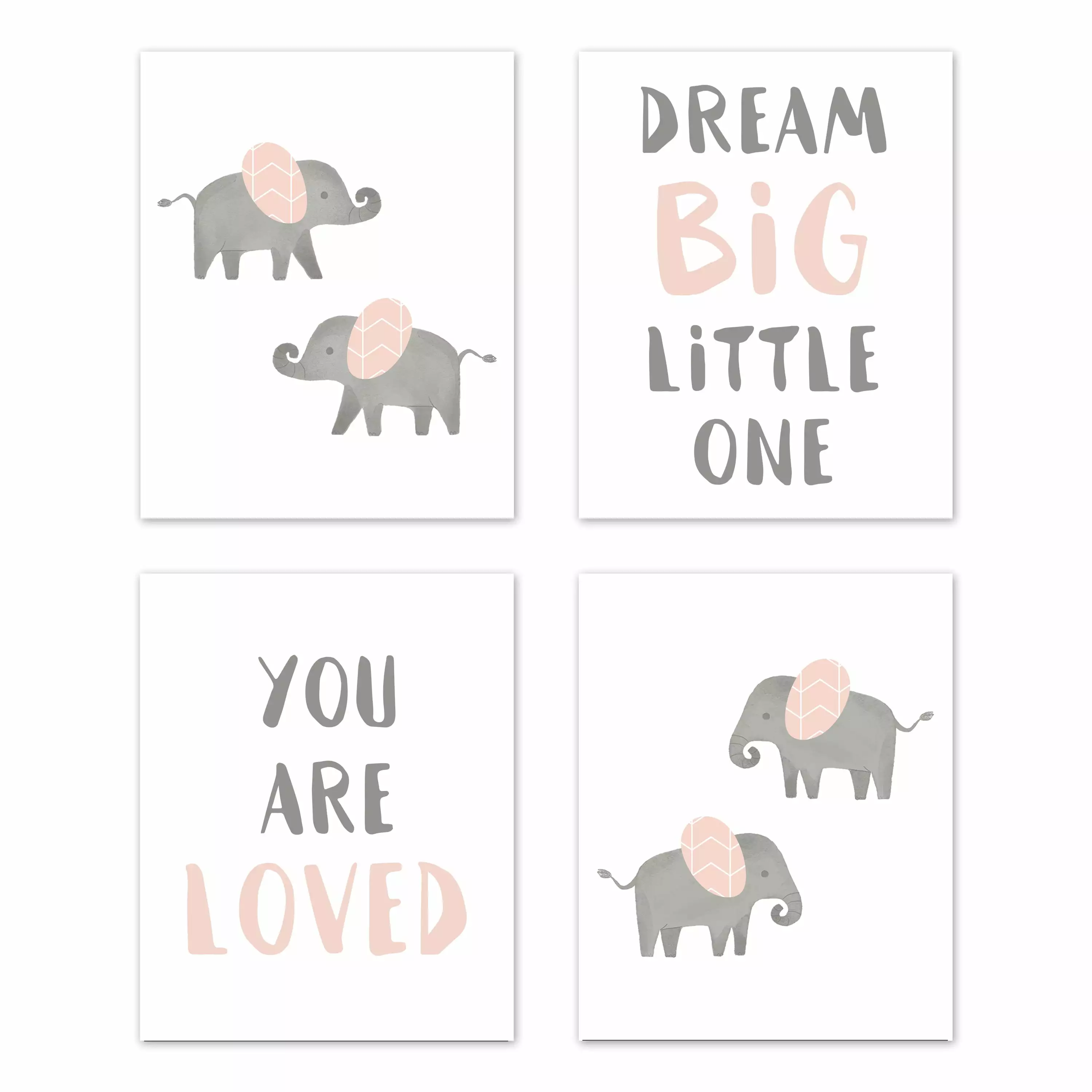 Elephant Grey and Blush Pink Collection Wall Art Prints - Set of 4