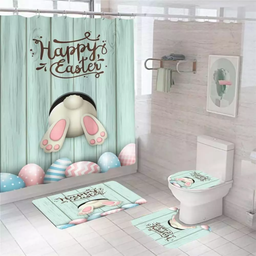 4pcs Easter Shower Curtain Set with Non-Slip Rug.Toilet Lid Cover and Bath Mat.Funny Rabbit Easter and Blue Eggs Shower Curtains with 12 Hooks.Happy Easter Shower Curtain Sets for Bathroom