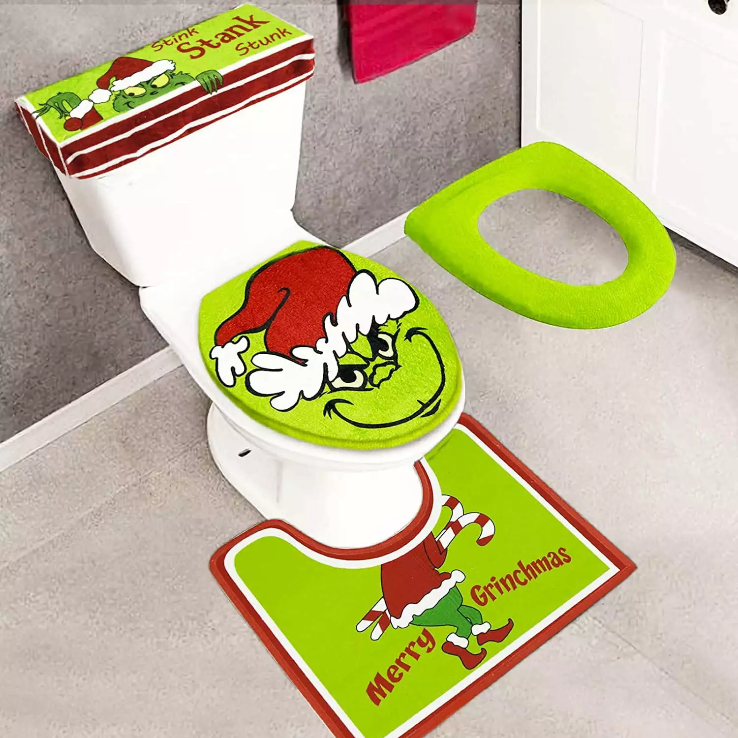 Christmas Decoration The Grinch Bathroom Toilet Seat Cover Pads. Soft Warm Tank Cover and Rug Home Decoration 4Pcs/Set