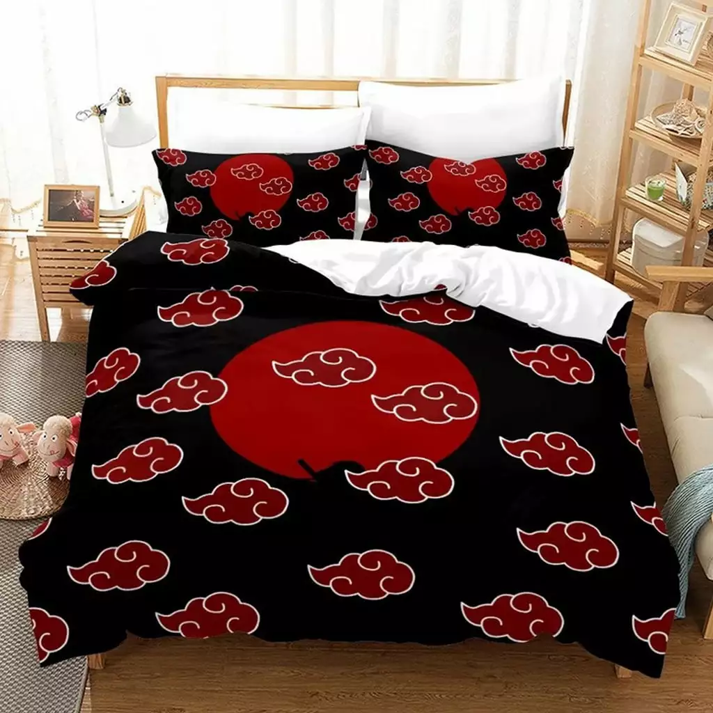 New 3PCS Anime Naruto Bedding Bed Set Twin Full Queen King Size Red Cloud Akatsuki Kakashi Action Figures Soft Microfiber 1 Duvet Cover 2 Pillow Cases 3D Japanese Manga Quilt Cover Sets