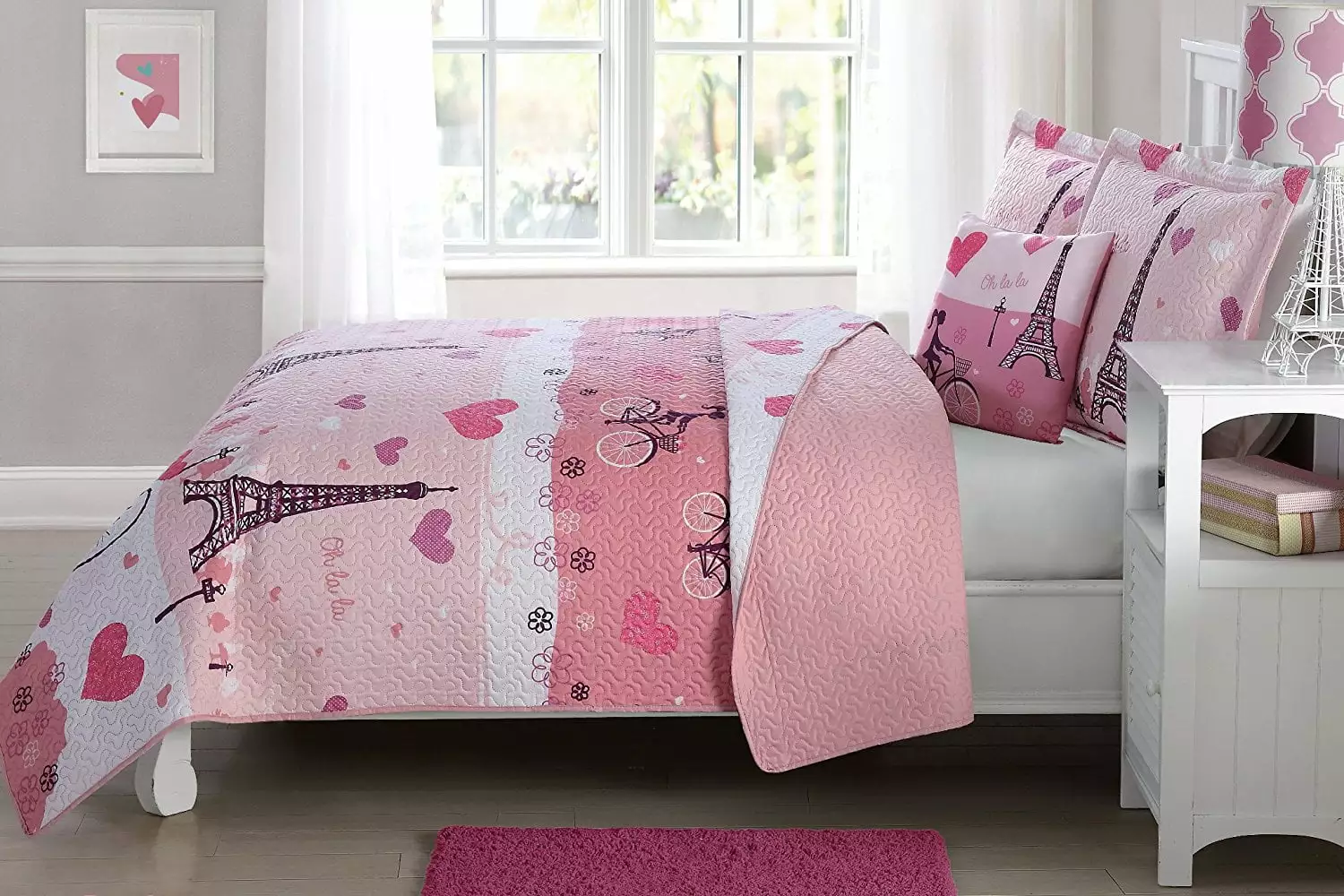 3 Pcs Twin Size Kids Children Boys Girls Teens Quilt/Sham/Cushion Set - Love Pink Paris Eiffel Tower