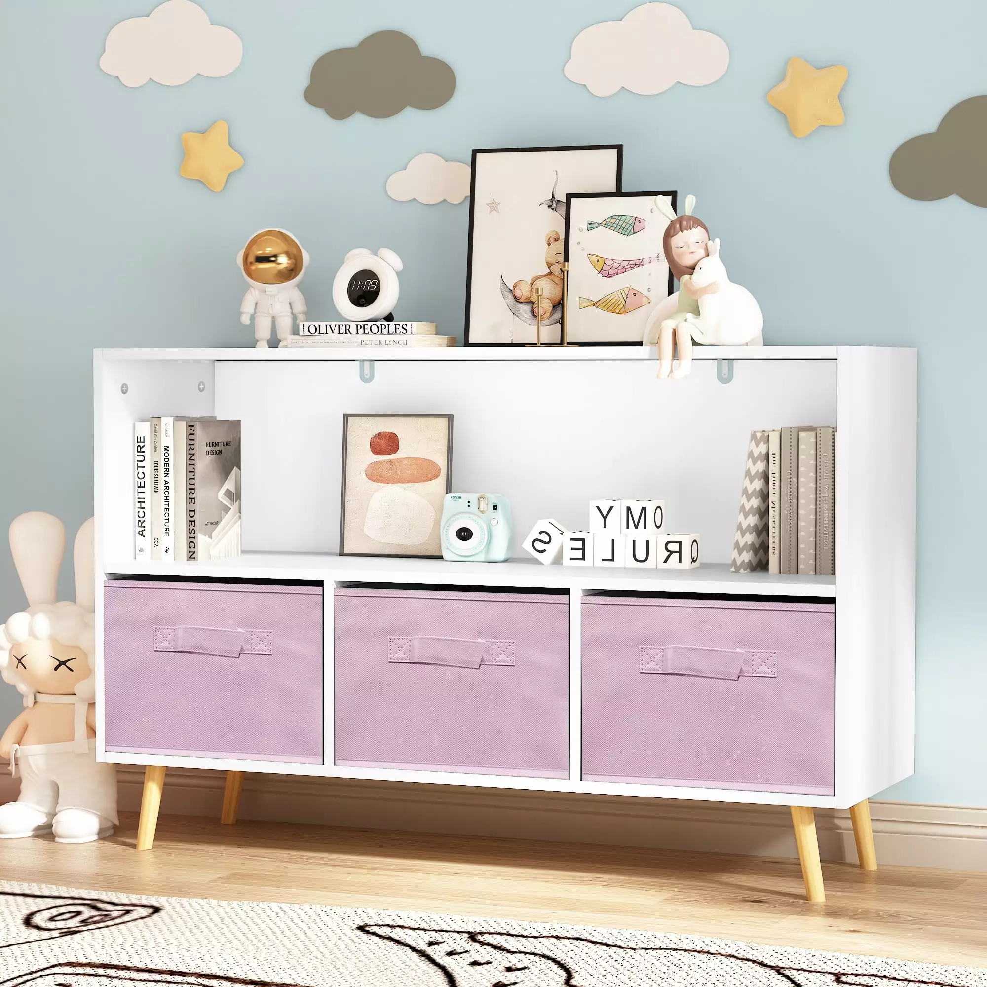 Nestfair Kids Bookcase with Collapsible Drawers. White/Pink