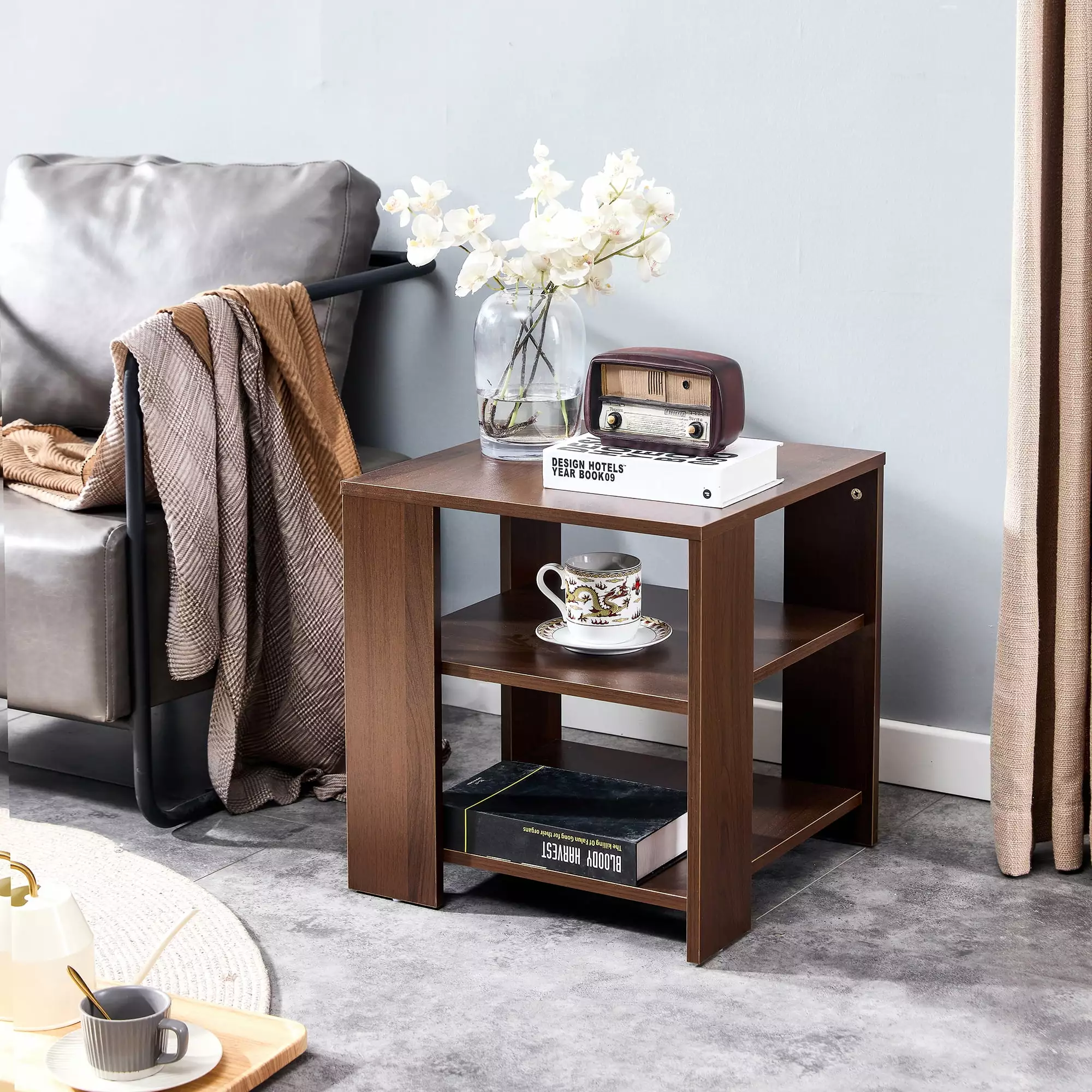 iRerts End Tables for Living Room. Classic Brown 3 Tier Wood Nightstand. Side Table with Open Storage Shelf. Small Bedside Tables for Bedroom Nursery Living Room