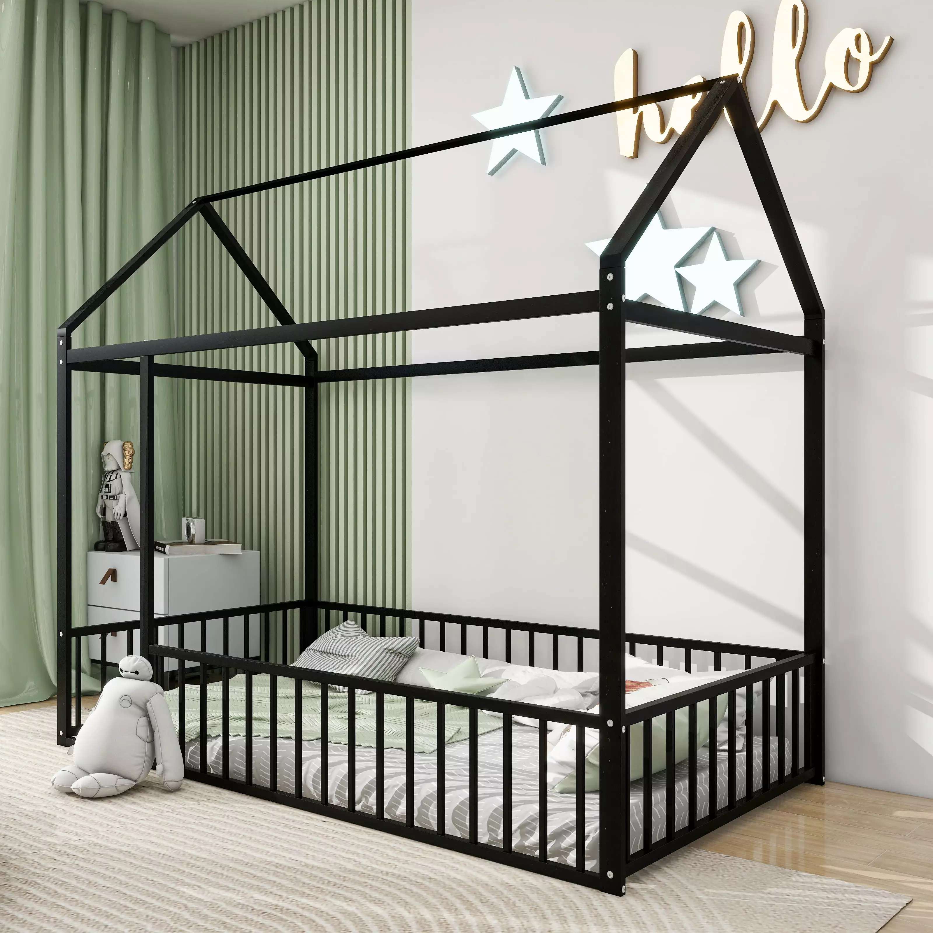 iRerts Floor Twin Bed Frame. Metal Twin Size Bed Frame for Girls Boys. Twin Bed Frame with House Roof Frame and Fence Guardrails. Toddler House Twin Bed Frame for Kids Bedroom Living Room. Black