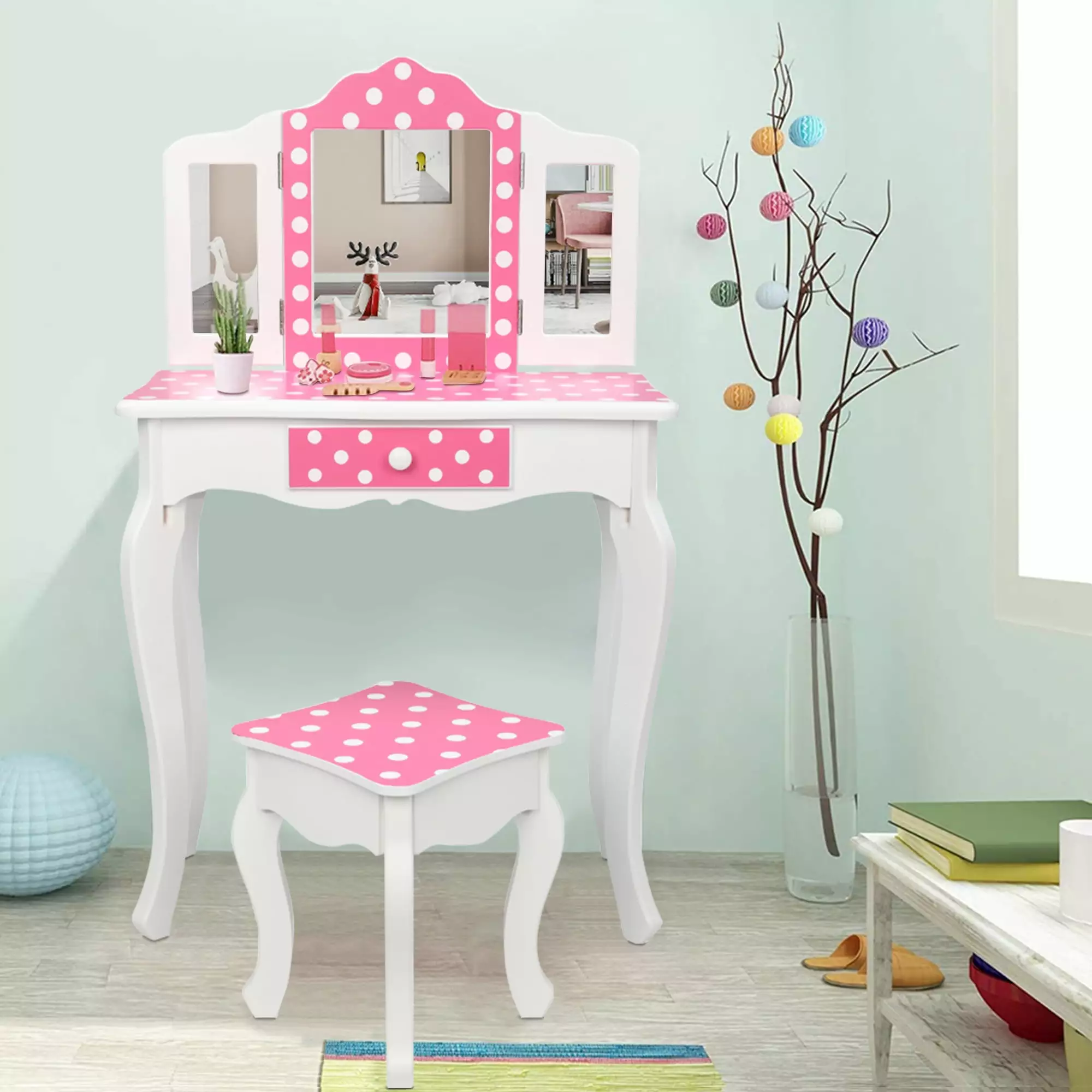 iRerts Kids Makeup Vanity Set. Wooden Kids Vanity Set with Tri-Folding Mirror and Stool. Girls Vanity Makeup Dressing Table with Drawer. Kids Bedroom Furniture Kids Vanity Table and Chair Set. Pink