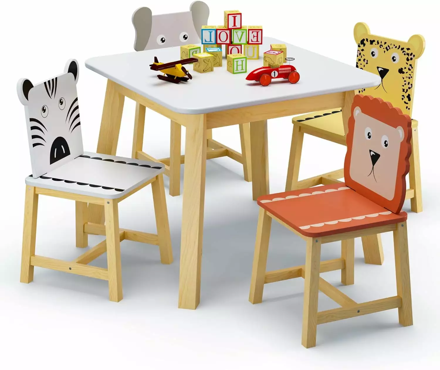 iRerts Kids Table and Chairs Set 5 Piece. Cartoon Wooden Table and 4 Chairs for Children Toddler Indoor Bedroom