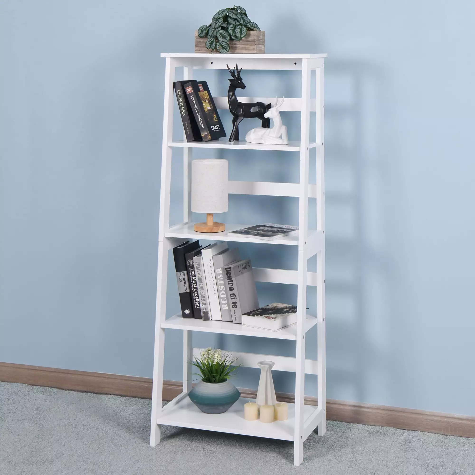 iRerts Ladder Bookcase Modern 5-Tier Ladder Bookshelf Wooden Book Storage Organizer. White 13.7 D x 23.6 W x 58.1 H