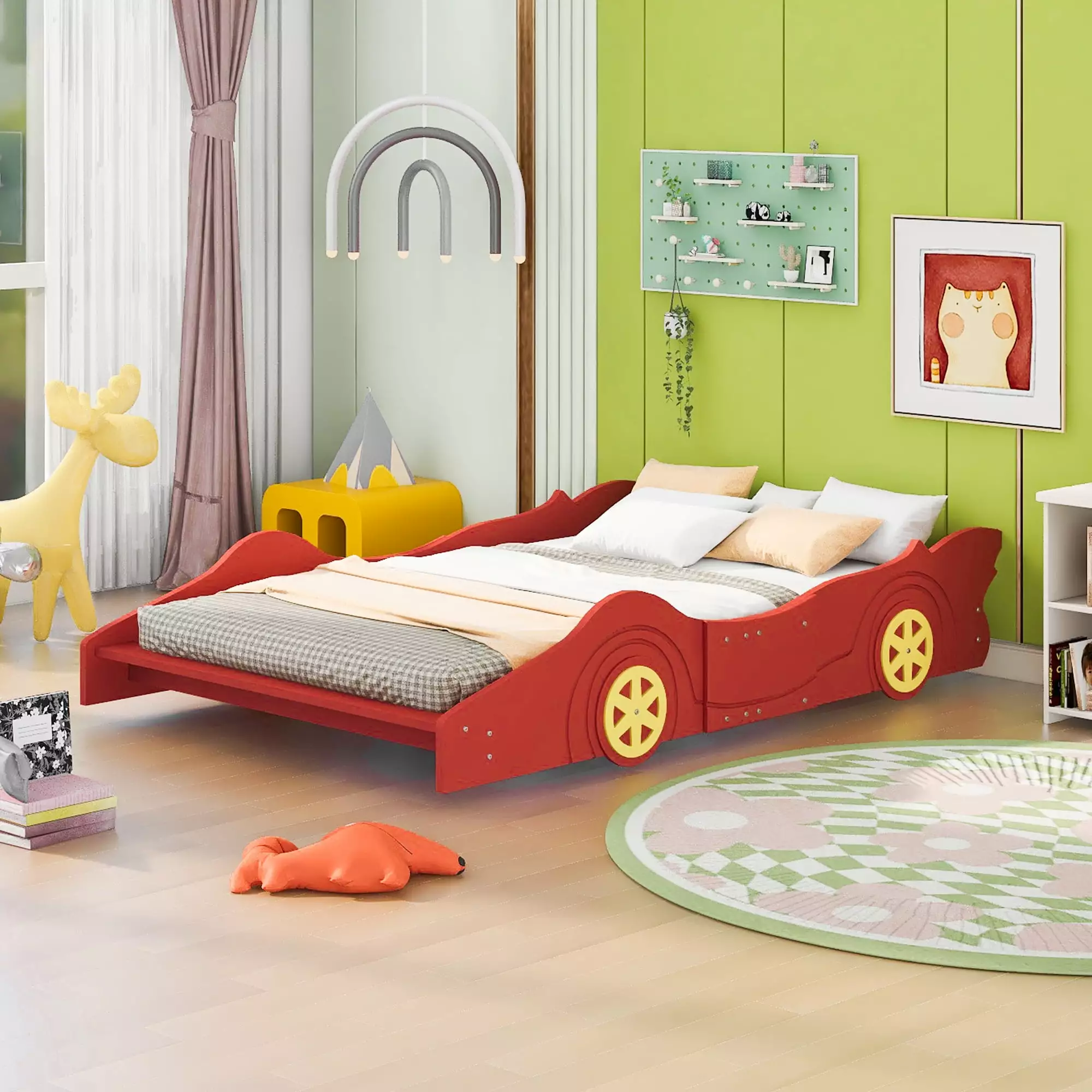 iRerts Race Car Shaped Full Bed Frame. Wood Full Platform Bed Frame for Kids Toddlers. Children Full Size Platform Bed with Wheels. Wooden Slats. No Box Spring Needed. Red